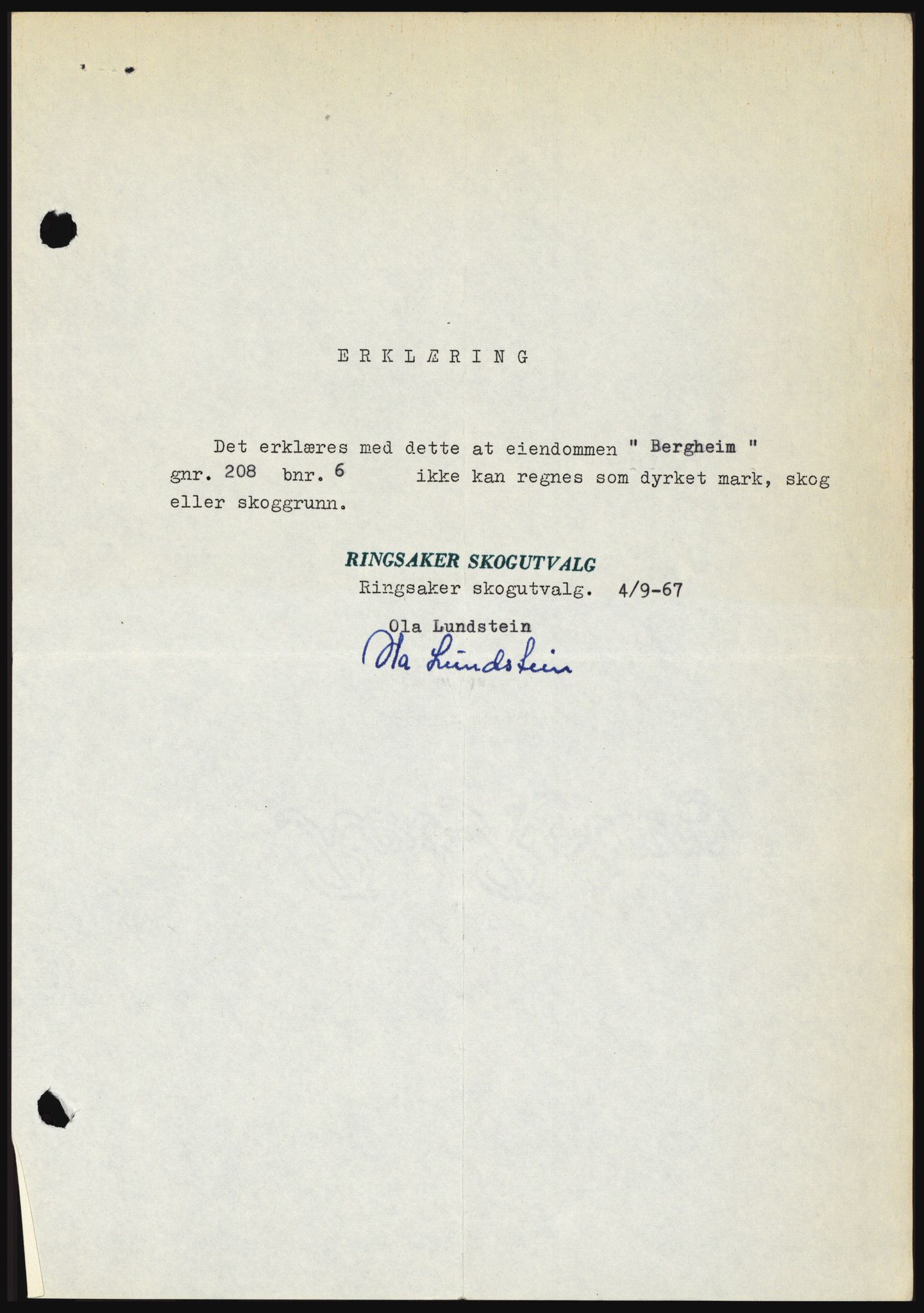 Nord-Hedmark sorenskriveri, SAH/TING-012/H/Hc/L0026: Mortgage book no. 26, 1967-1967, Diary no: : 4316/1967