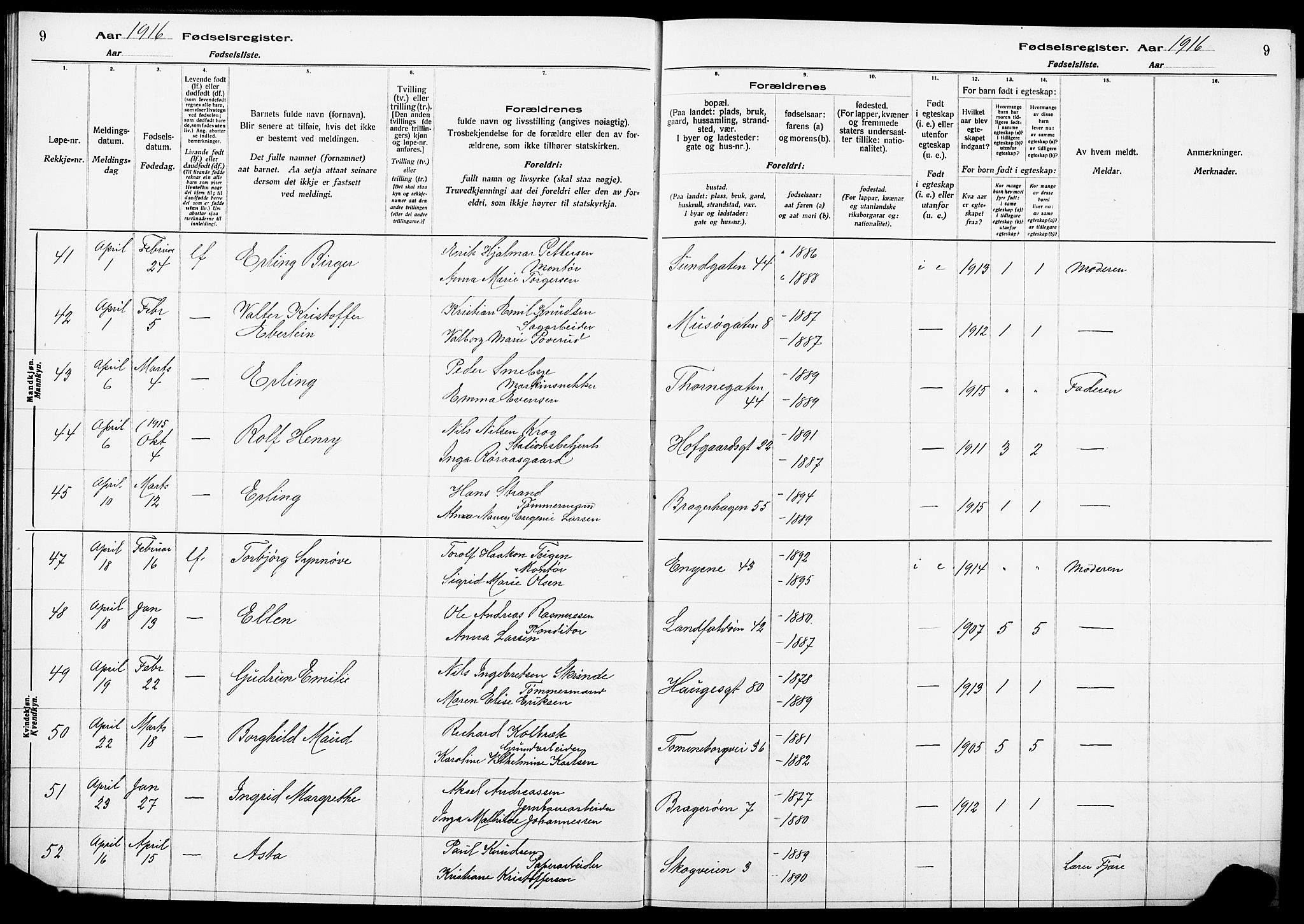 Bragernes kirkebøker, SAKO/A-6/J/Ja/L0001: Birth register no. 1, 1916-1922, p. 9