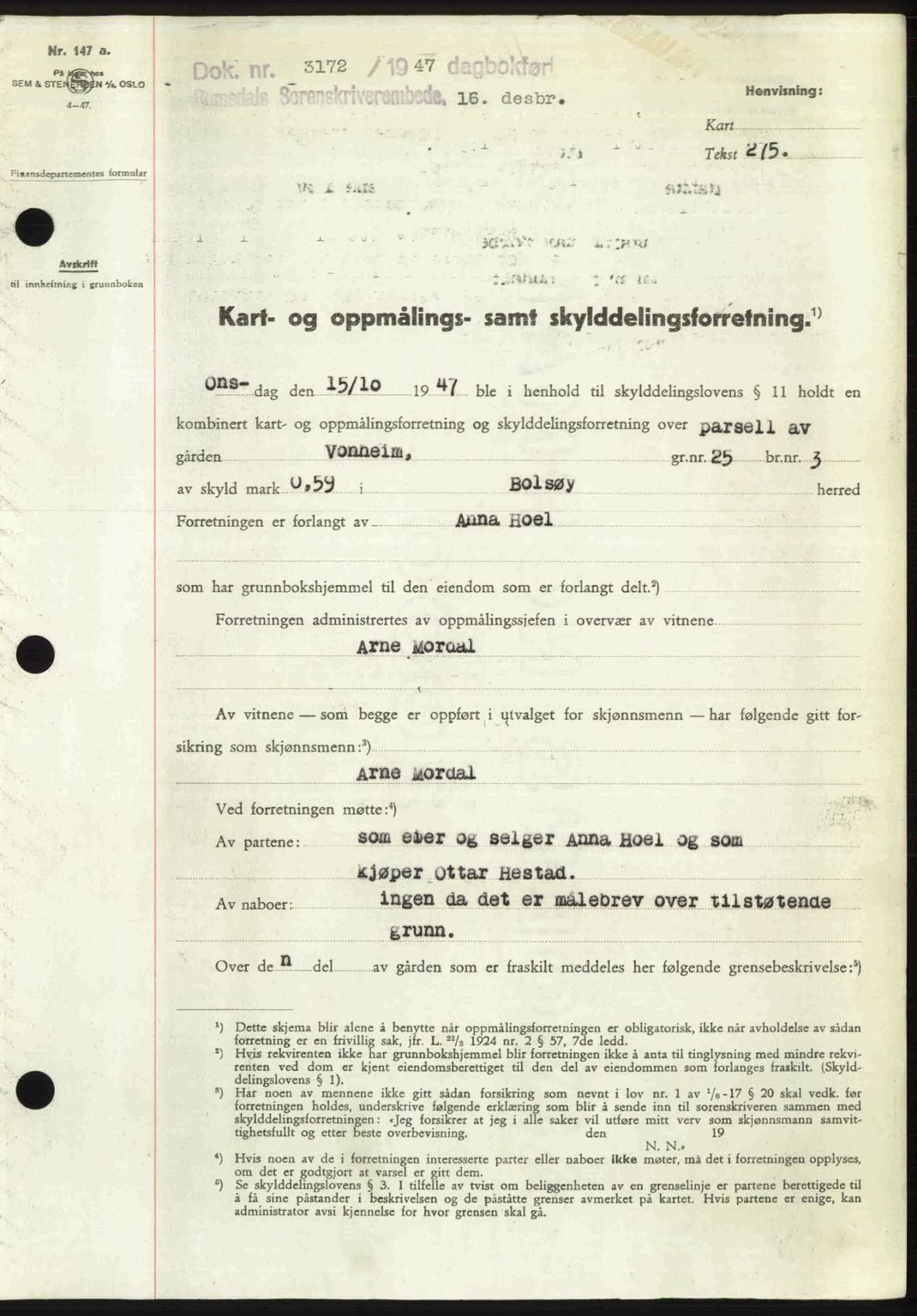 Romsdal sorenskriveri, SAT/A-4149/1/2/2C: Mortgage book no. A24, 1947-1947, Diary no: : 3172/1947