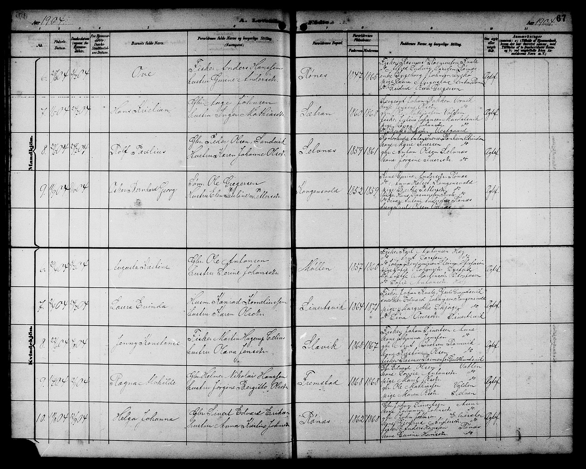 Ministerialprotokoller, klokkerbøker og fødselsregistre - Sør-Trøndelag, SAT/A-1456/662/L0757: Parish register (copy) no. 662C02, 1892-1918, p. 67