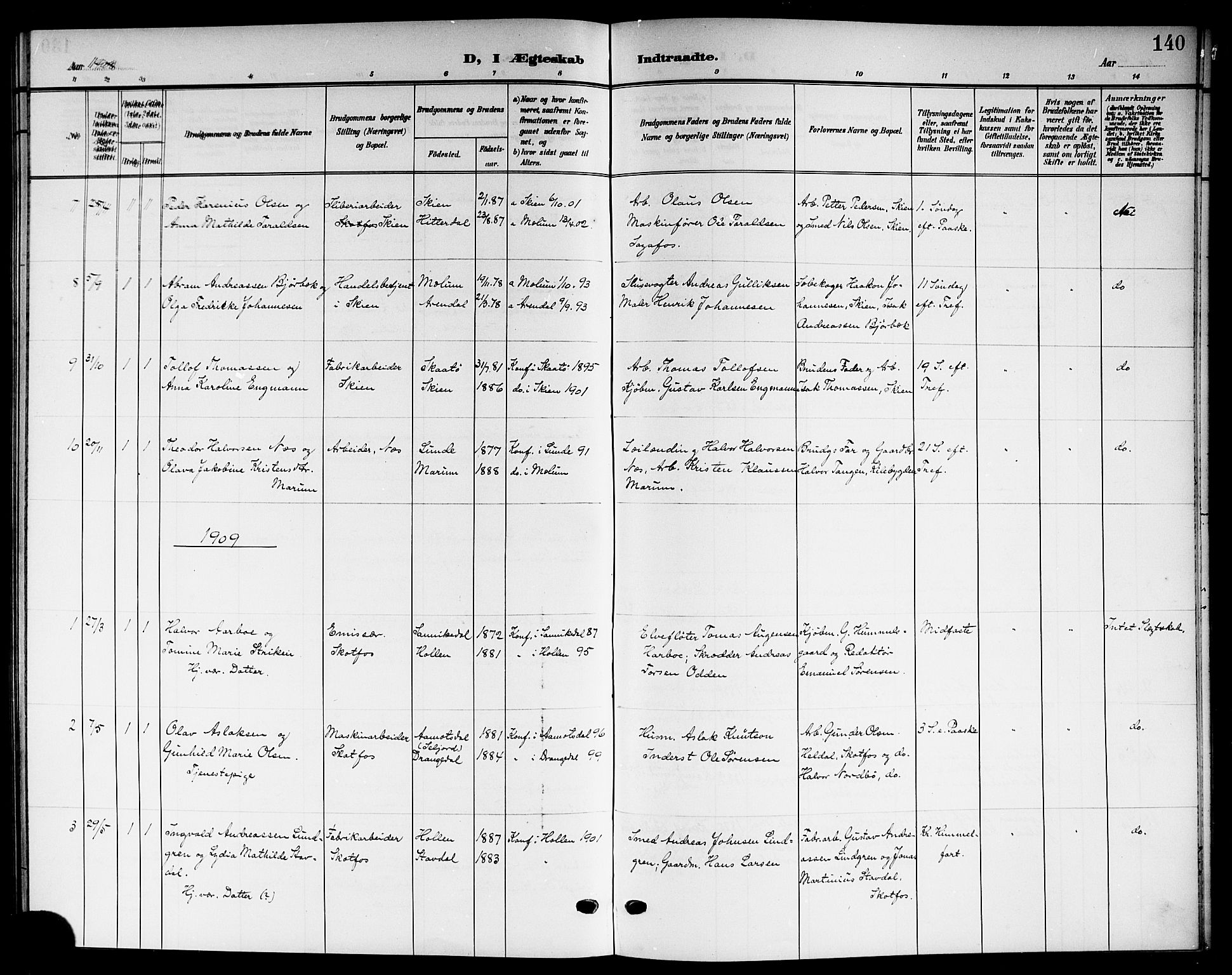 Solum kirkebøker, SAKO/A-306/G/Gb/L0005: Parish register (copy) no. II 5, 1905-1914, p. 140