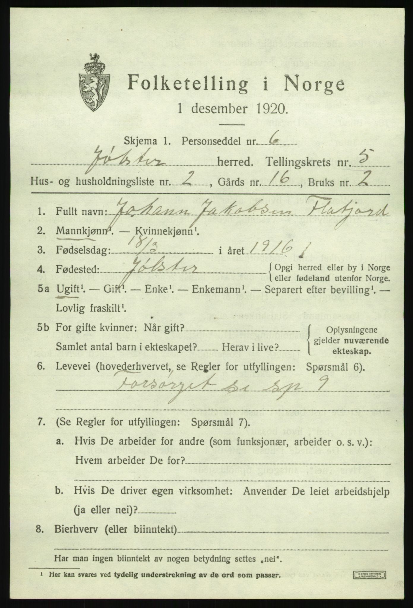 SAB, 1920 census for Jølster, 1920, p. 2950