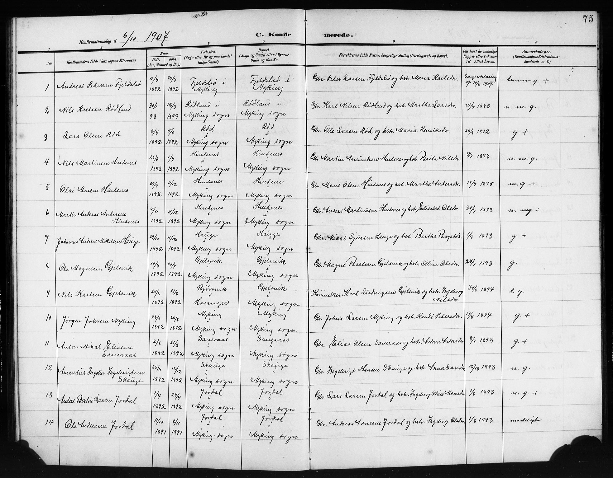 Lindås Sokneprestembete, SAB/A-76701/H/Hab: Parish register (copy) no. E 4, 1906-1921, p. 75