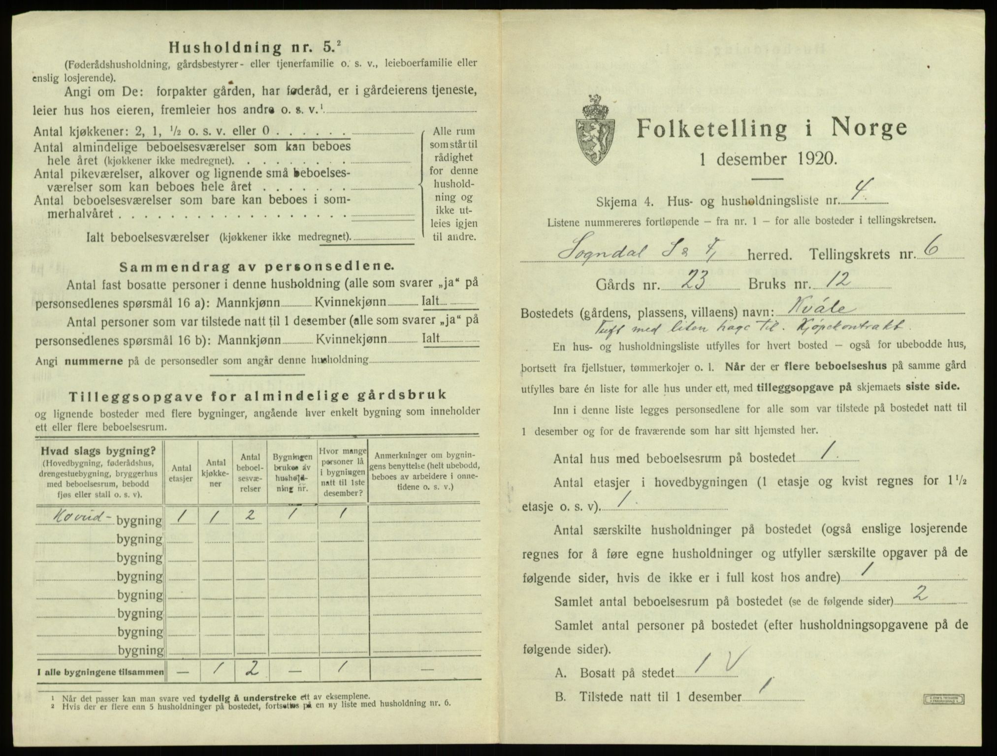 SAB, 1920 census for Sogndal, 1920, p. 330