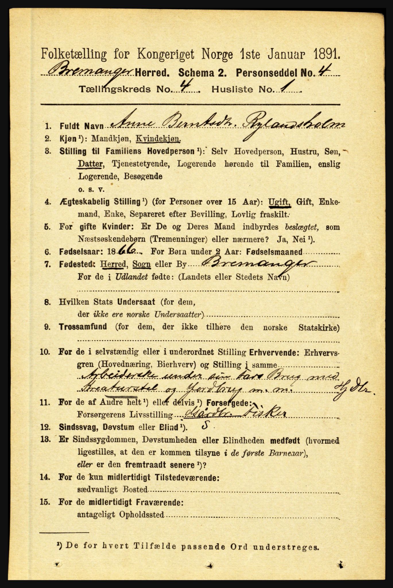 RA, 1891 census for 1438 Bremanger, 1891, p. 1515