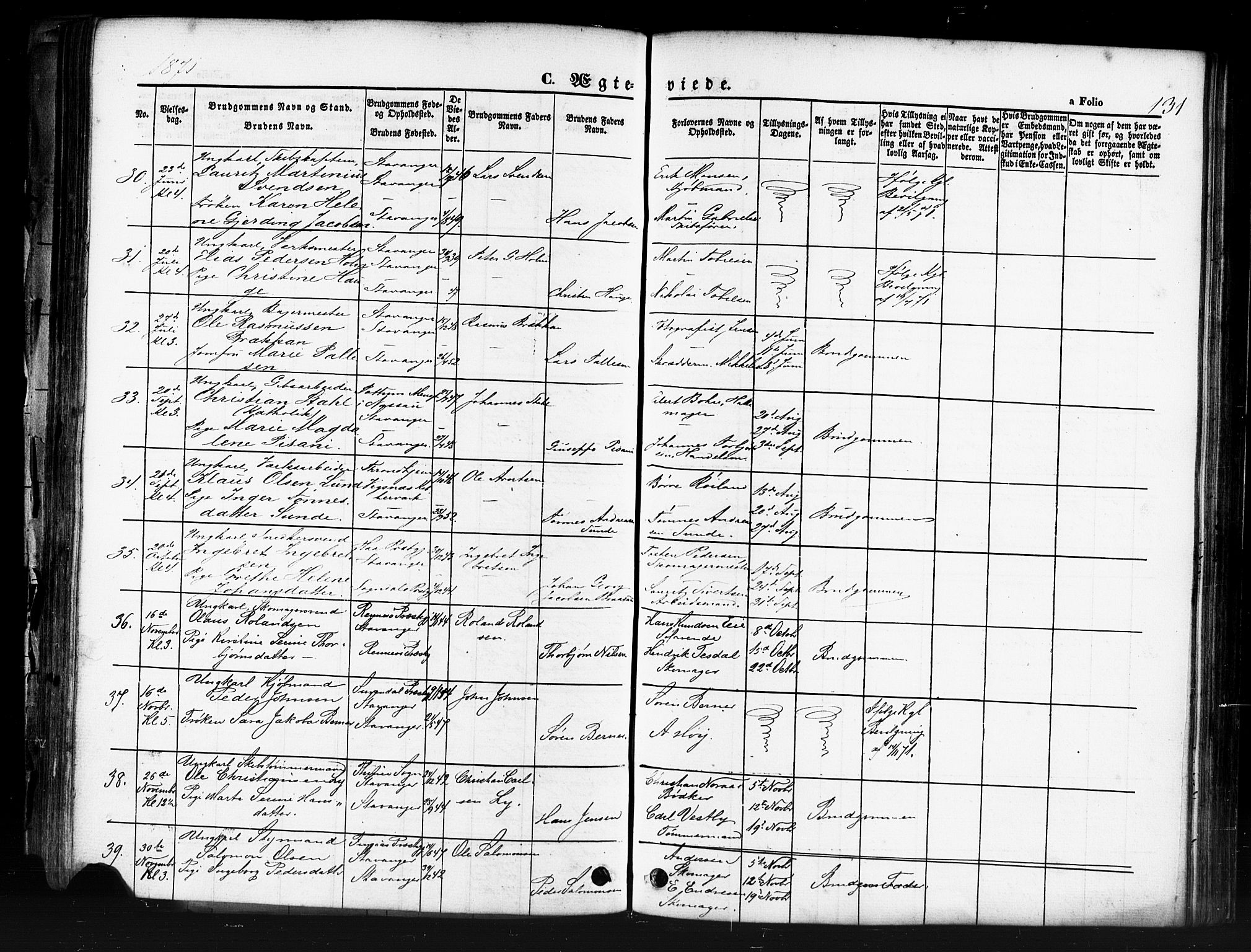 Domkirken sokneprestkontor, AV/SAST-A-101812/001/30/30BB/L0011: Parish register (copy) no. B 11, 1858-1876, p. 131