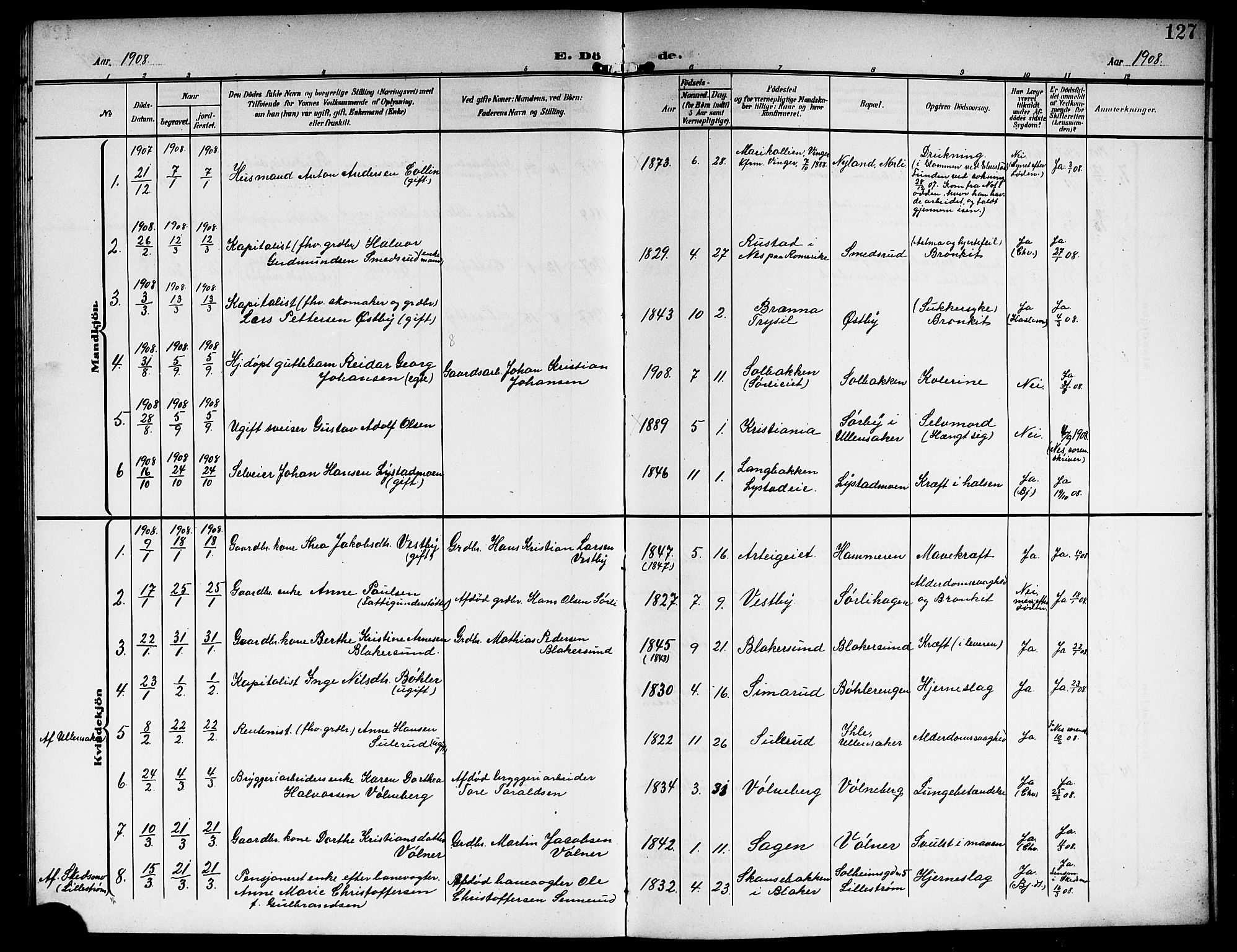 Sørum prestekontor Kirkebøker, AV/SAO-A-10303/G/Ga/L0007: Parish register (copy) no. I 7, 1907-1917, p. 127