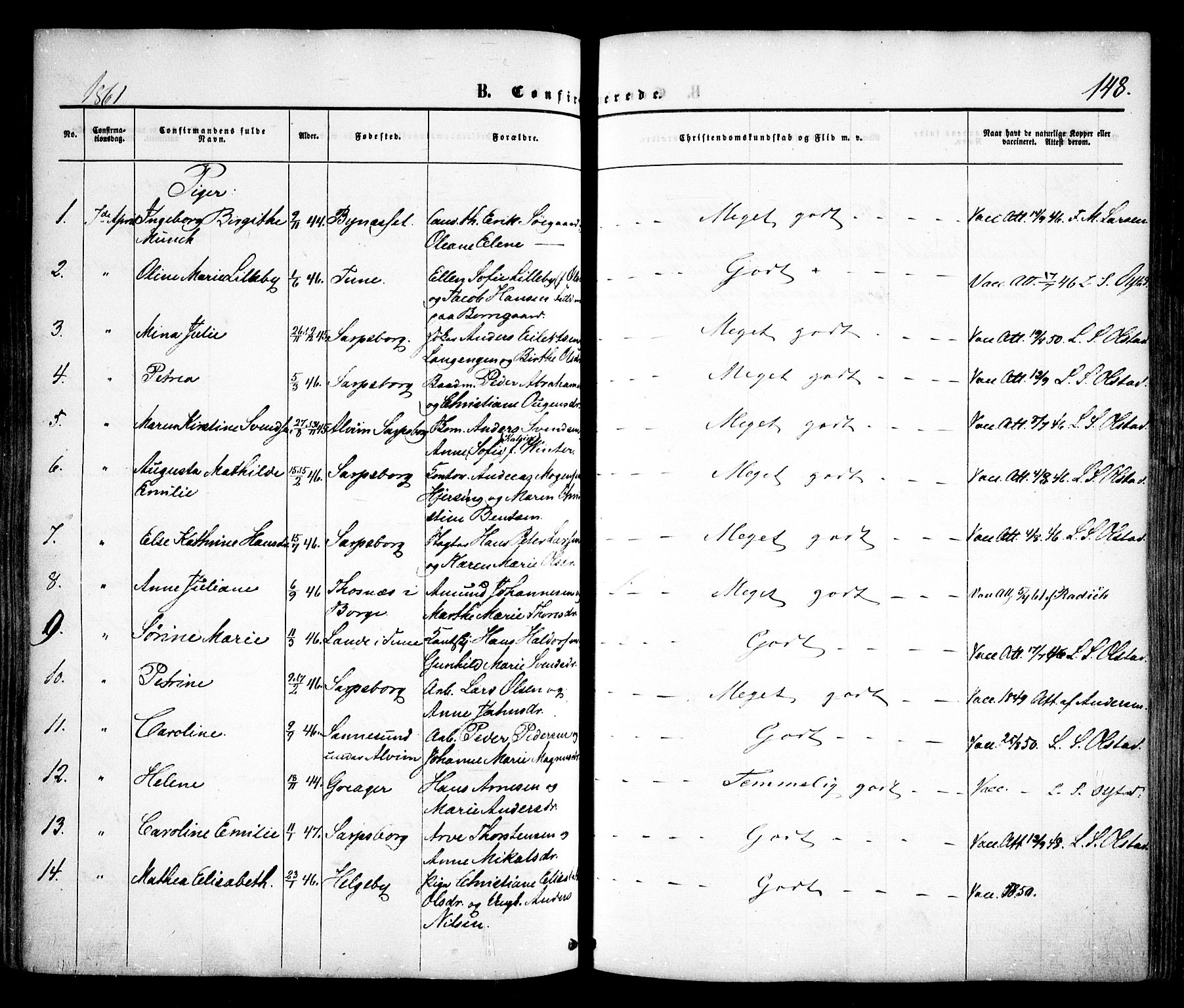 Sarpsborg prestekontor Kirkebøker, SAO/A-2006/F/Fa/L0001: Parish register (official) no. 1, 1859-1868, p. 148