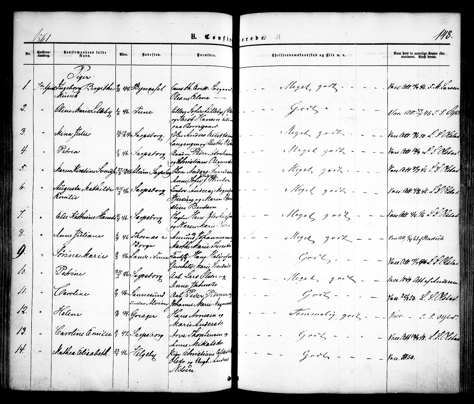 Sarpsborg prestekontor Kirkebøker, AV/SAO-A-2006/F/Fa/L0001: Parish register (official) no. 1, 1859-1868, p. 148