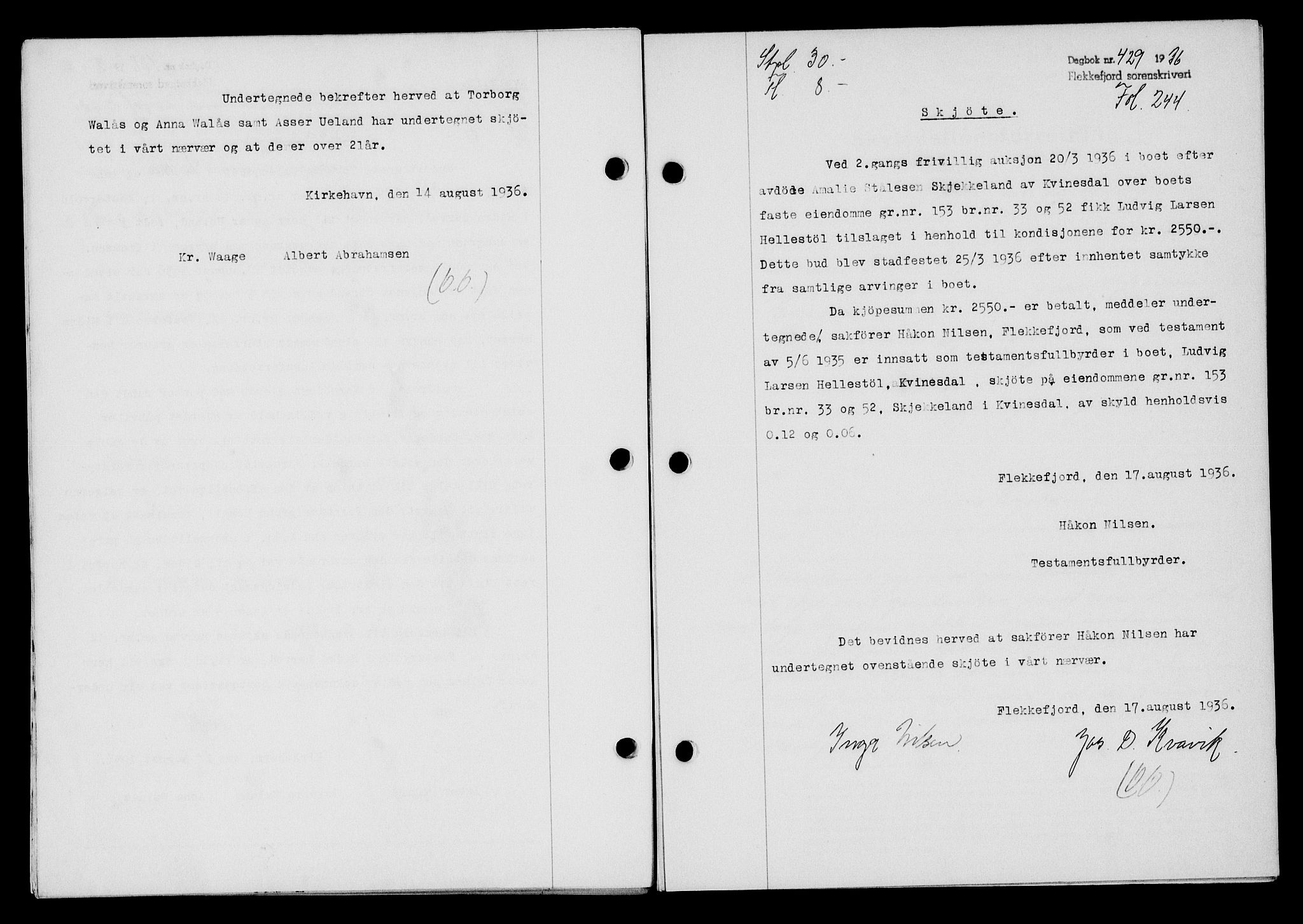 Flekkefjord sorenskriveri, SAK/1221-0001/G/Gb/Gba/L0053: Mortgage book no. A-1, 1936-1937, Diary no: : 429/1936