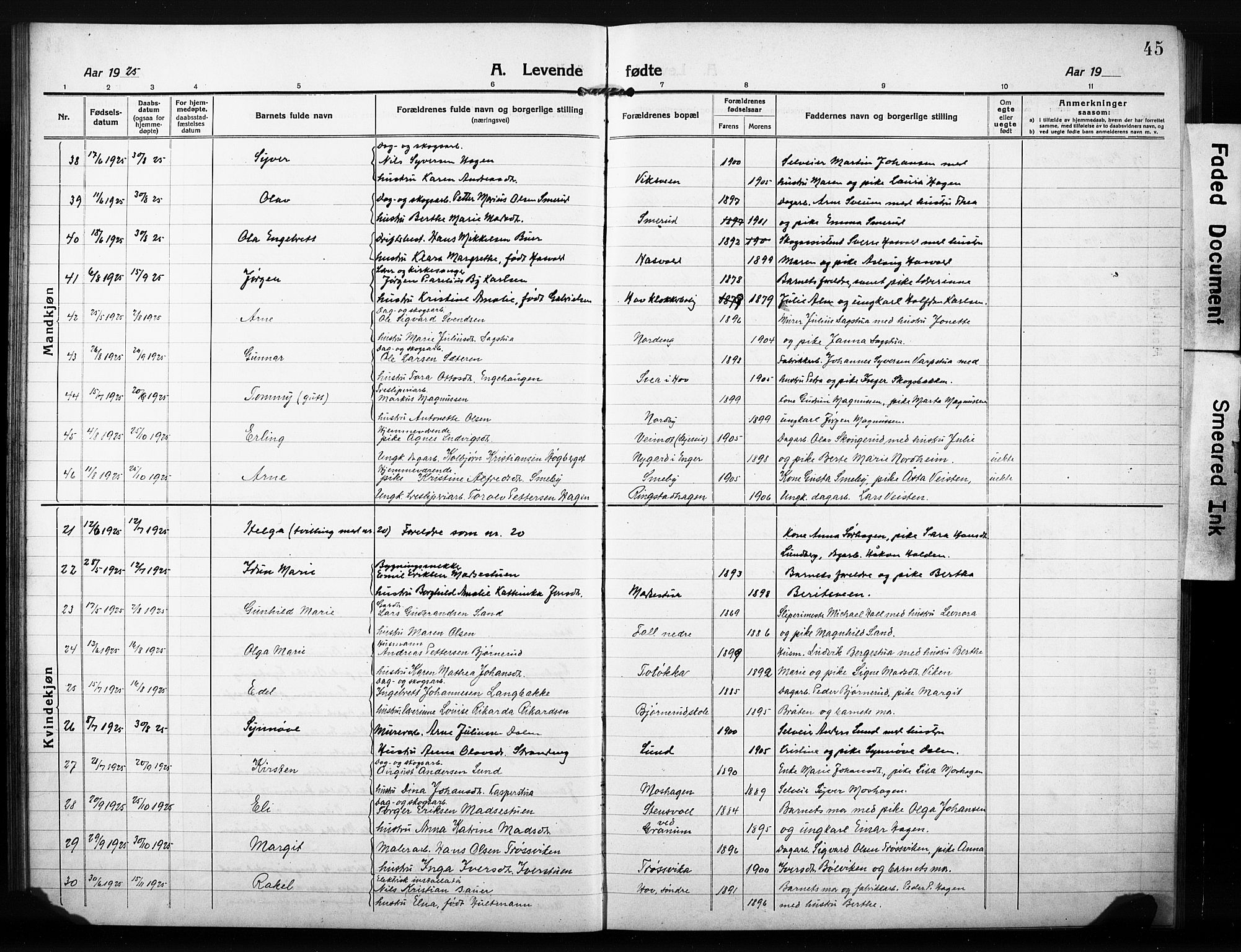 Søndre Land prestekontor, AV/SAH-PREST-122/L/L0007: Parish register (copy) no. 7, 1915-1932, p. 45