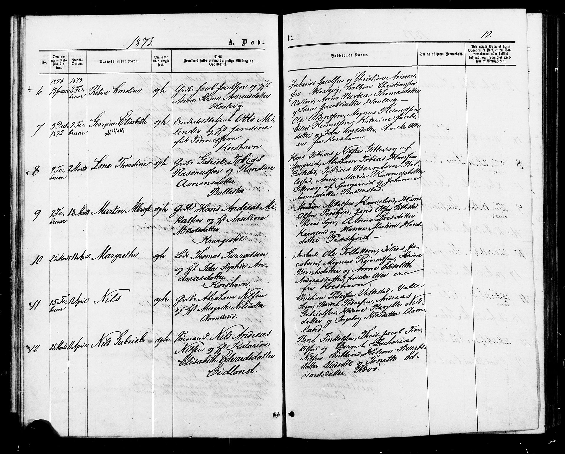 Lyngdal sokneprestkontor, AV/SAK-1111-0029/F/Fa/Faa/L0003: Parish register (official) no. A 3, 1871-1882, p. 12