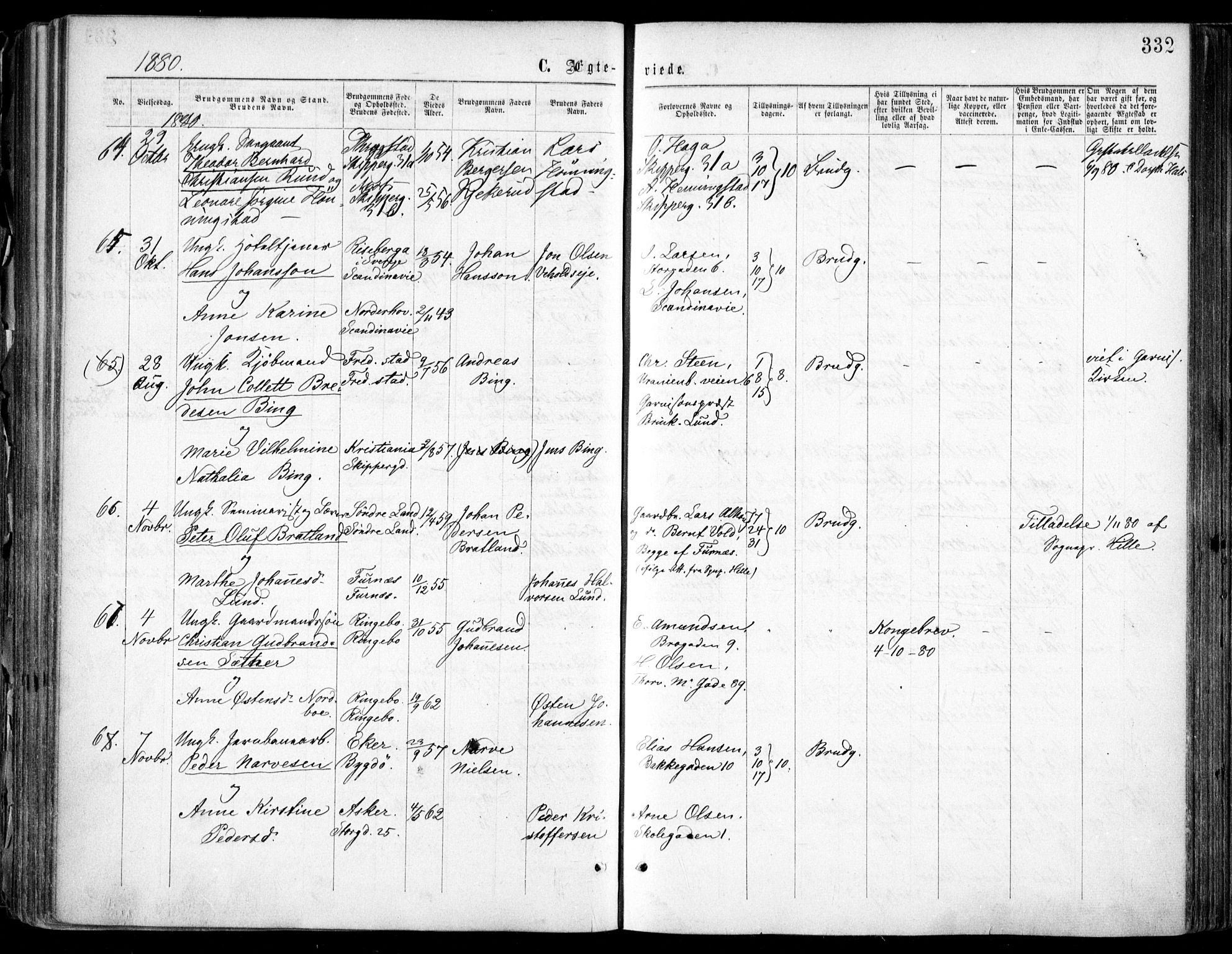 Oslo domkirke Kirkebøker, SAO/A-10752/F/Fa/L0021: Parish register (official) no. 21, 1865-1884, p. 332
