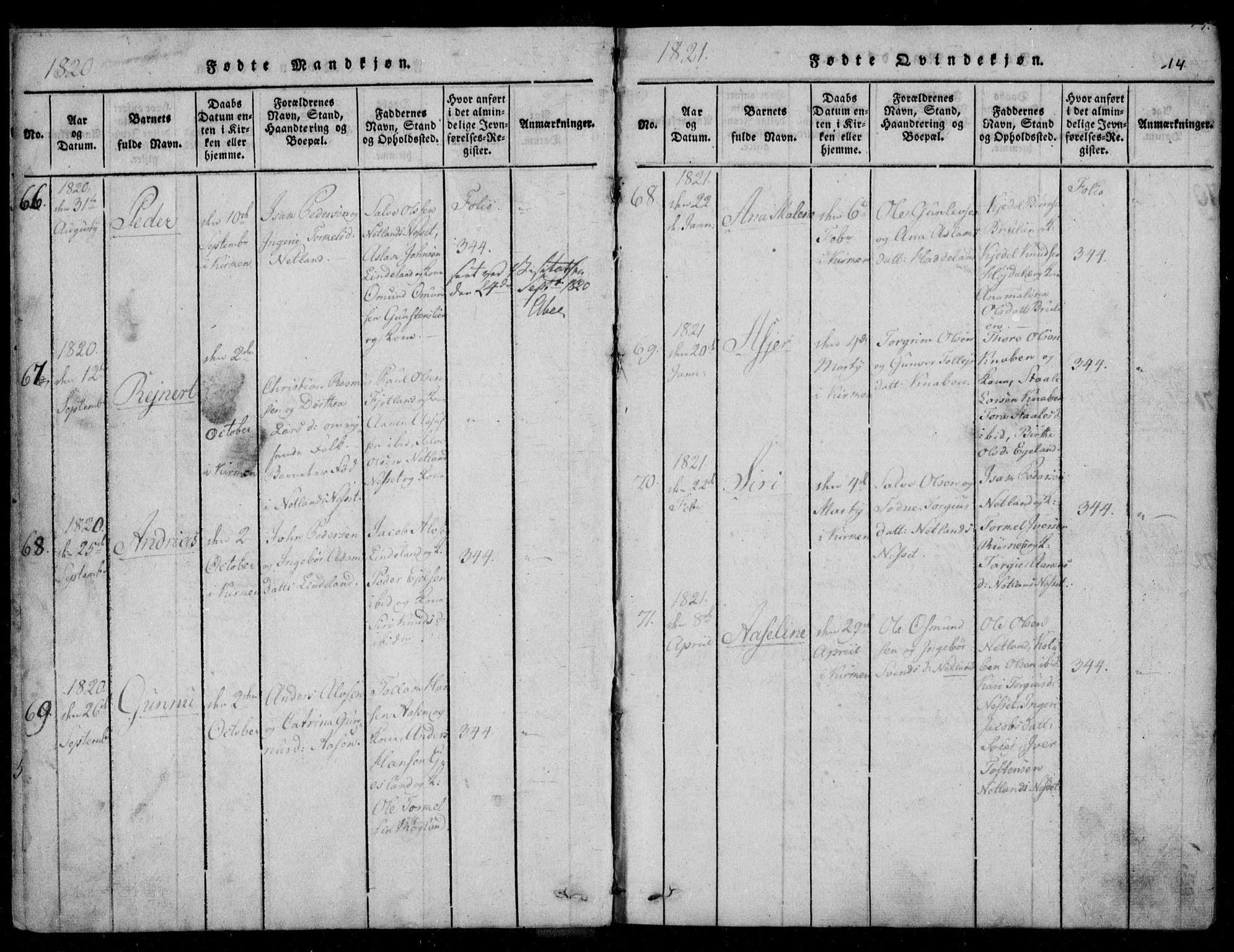 Fjotland sokneprestkontor, AV/SAK-1111-0010/F/Fb/L0001: Parish register (copy) no. B 1, 1816-1849, p. 14