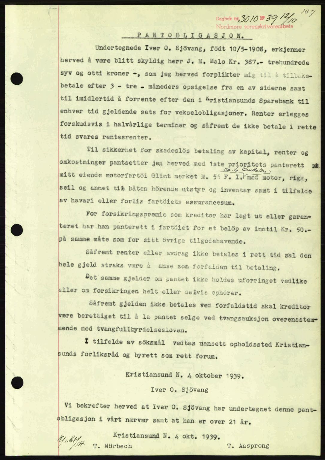 Nordmøre sorenskriveri, AV/SAT-A-4132/1/2/2Ca: Mortgage book no. B86, 1939-1940, Diary no: : 3010/1939