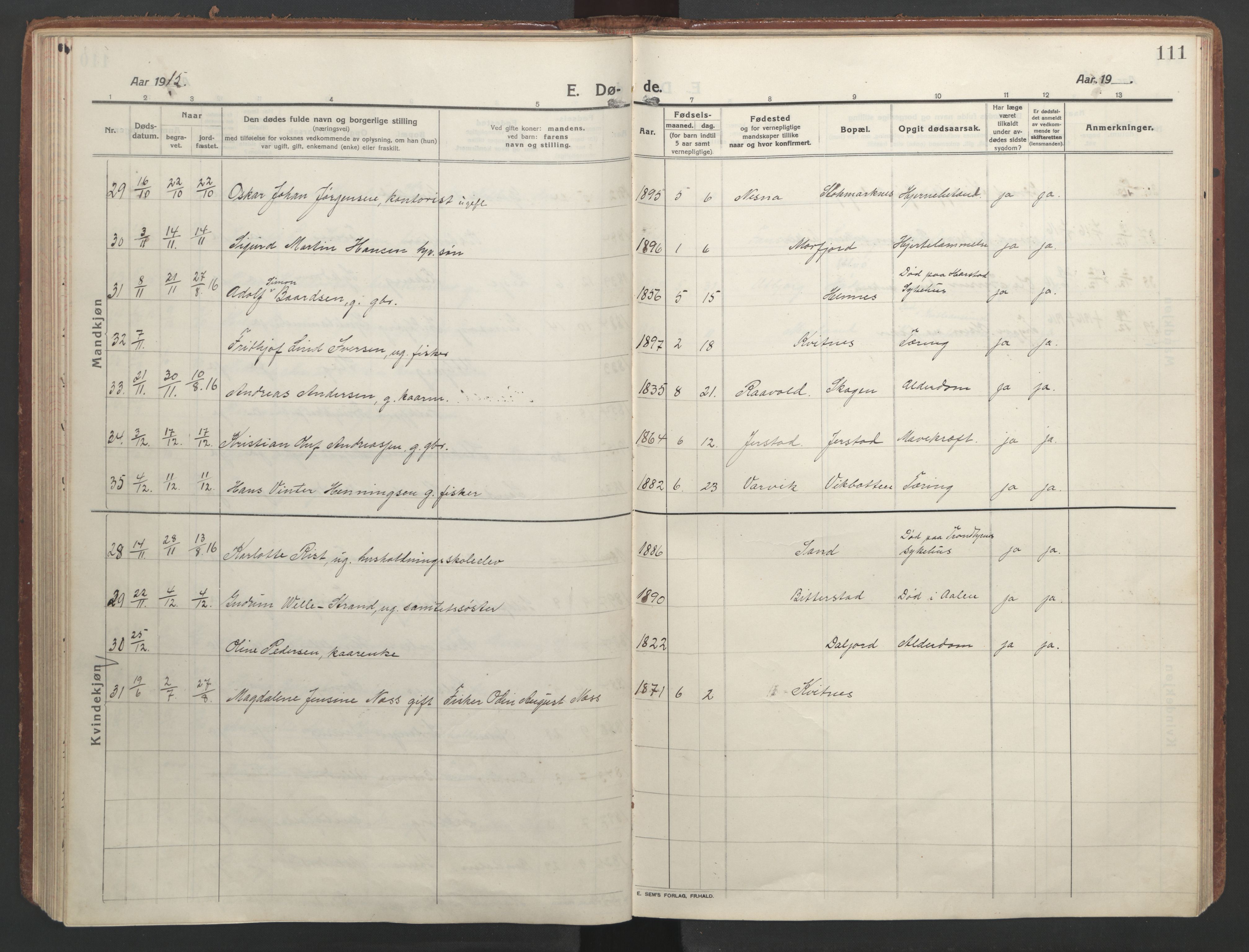 Ministerialprotokoller, klokkerbøker og fødselsregistre - Nordland, AV/SAT-A-1459/888/L1251: Parish register (official) no. 888A17, 1913-1925, p. 111