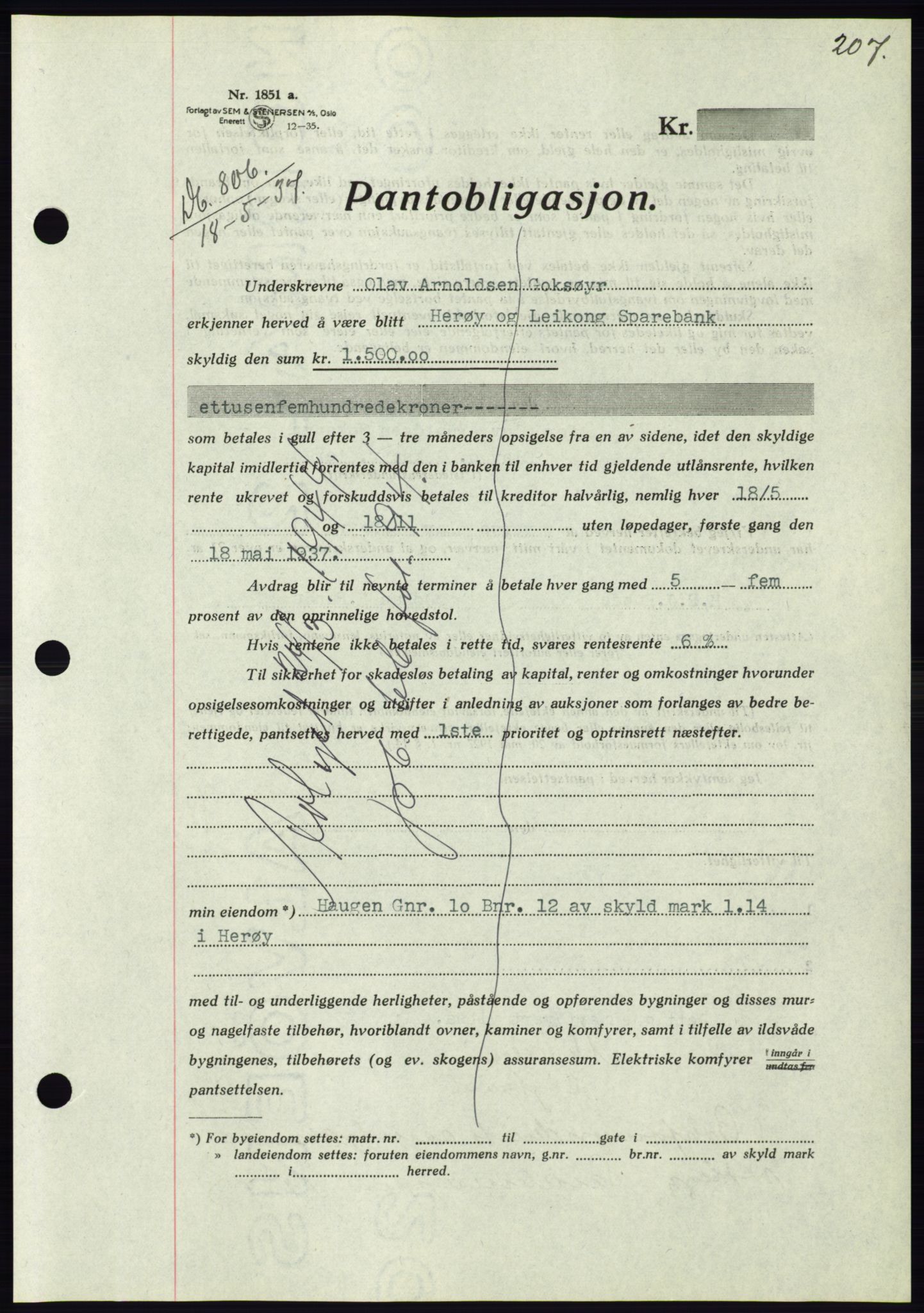 Søre Sunnmøre sorenskriveri, AV/SAT-A-4122/1/2/2C/L0063: Mortgage book no. 57, 1937-1937, Diary no: : 806/1937