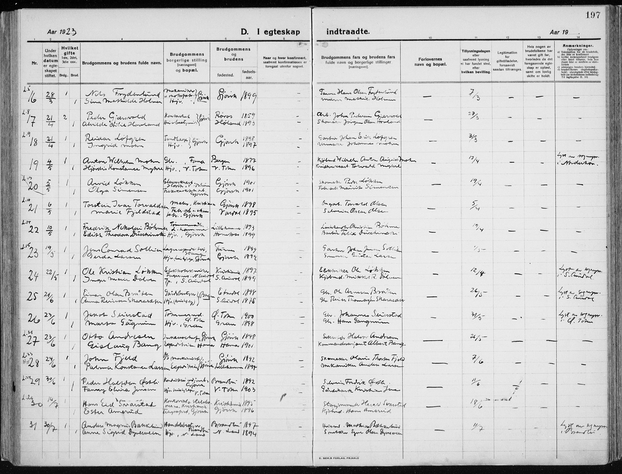 Vardal prestekontor, AV/SAH-PREST-100/H/Ha/Haa/L0015: Parish register (official) no. 15, 1923-1937, p. 197