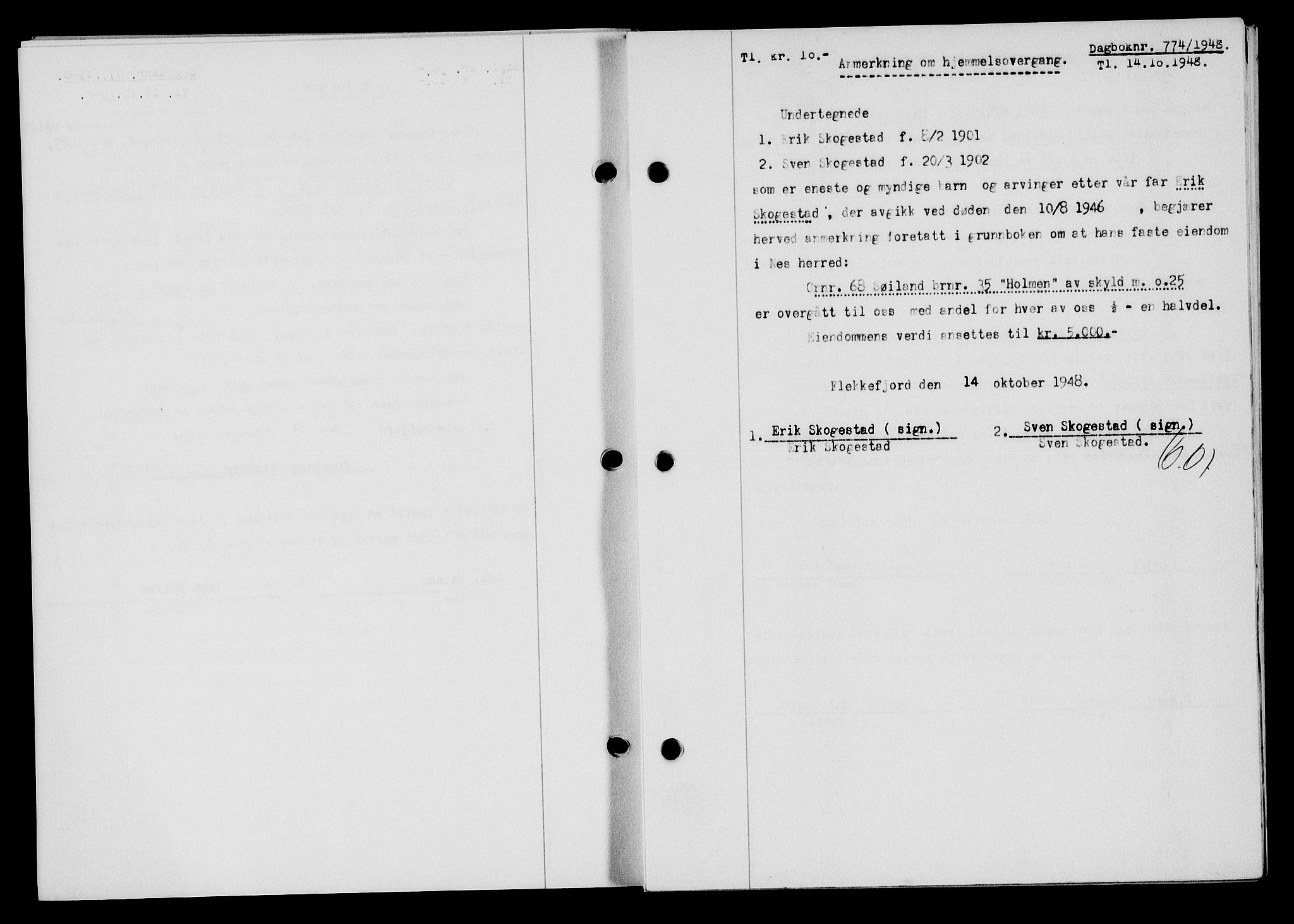 Flekkefjord sorenskriveri, SAK/1221-0001/G/Gb/Gba/L0064: Mortgage book no. A-12, 1948-1949, Diary no: : 774/1948