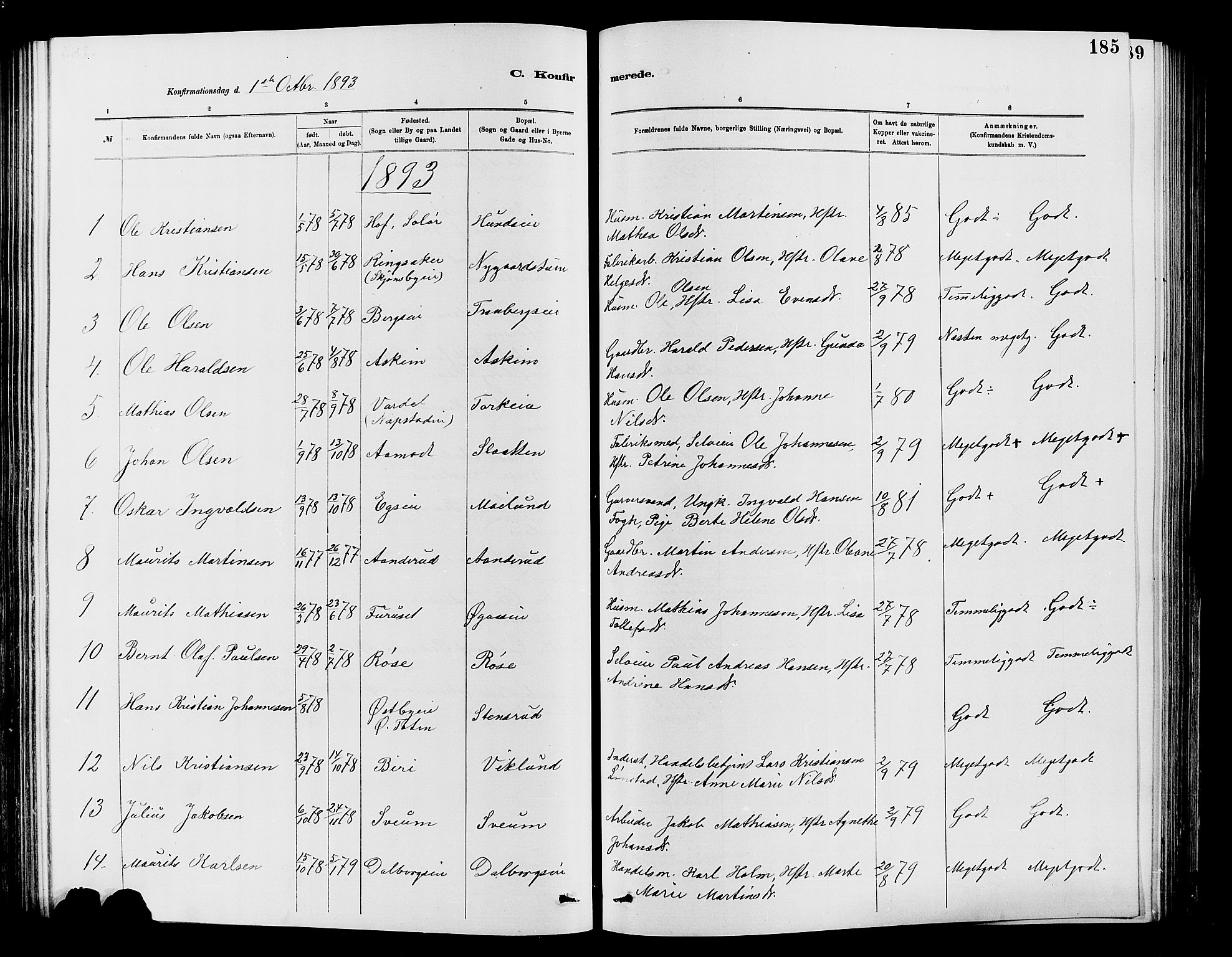 Vardal prestekontor, SAH/PREST-100/H/Ha/Hab/L0007: Parish register (copy) no. 7 /1, 1881-1895, p. 185