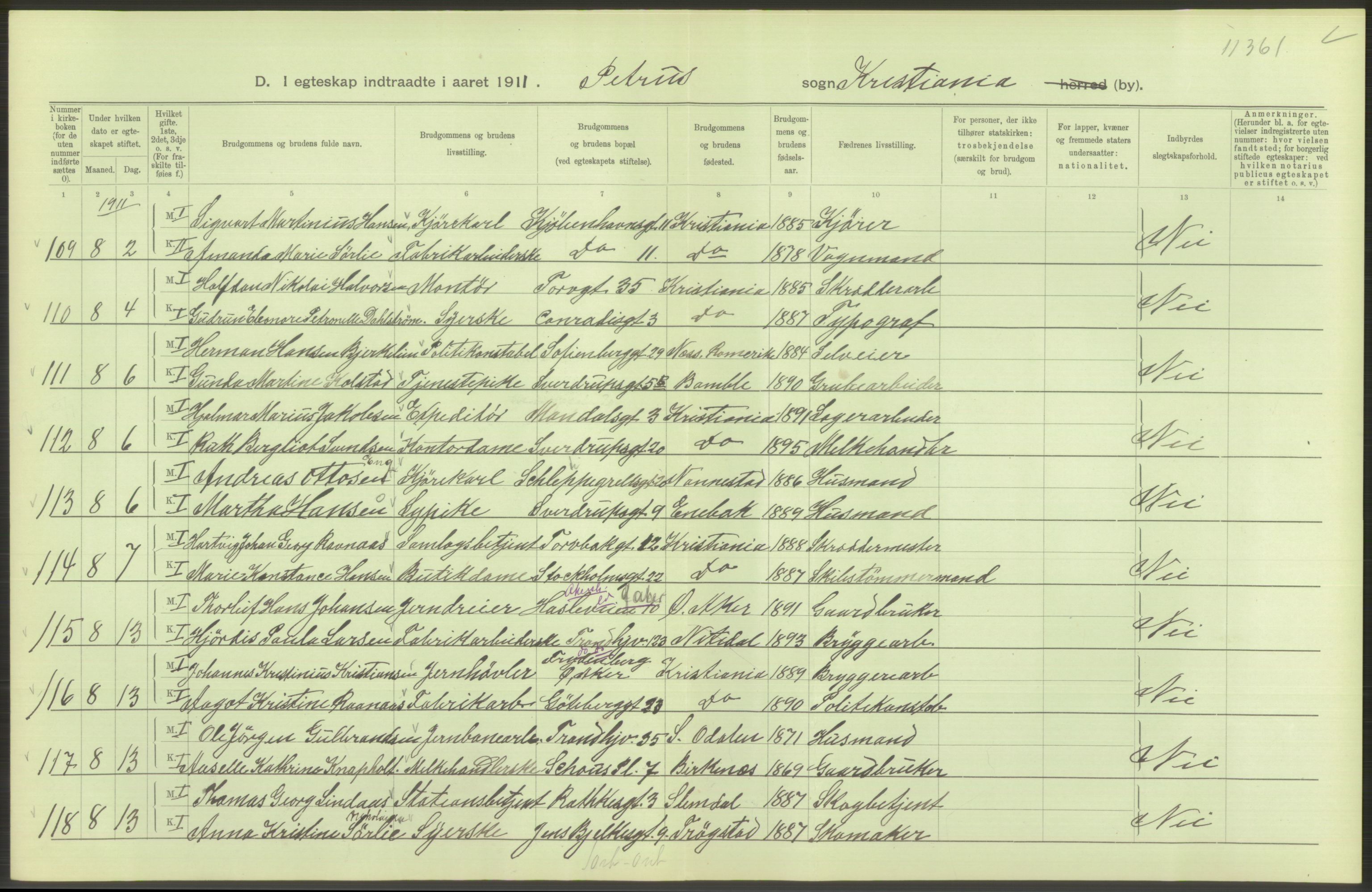 Statistisk sentralbyrå, Sosiodemografiske emner, Befolkning, AV/RA-S-2228/D/Df/Dfb/Dfba/L0008: Kristiania: Gifte, 1911, p. 26