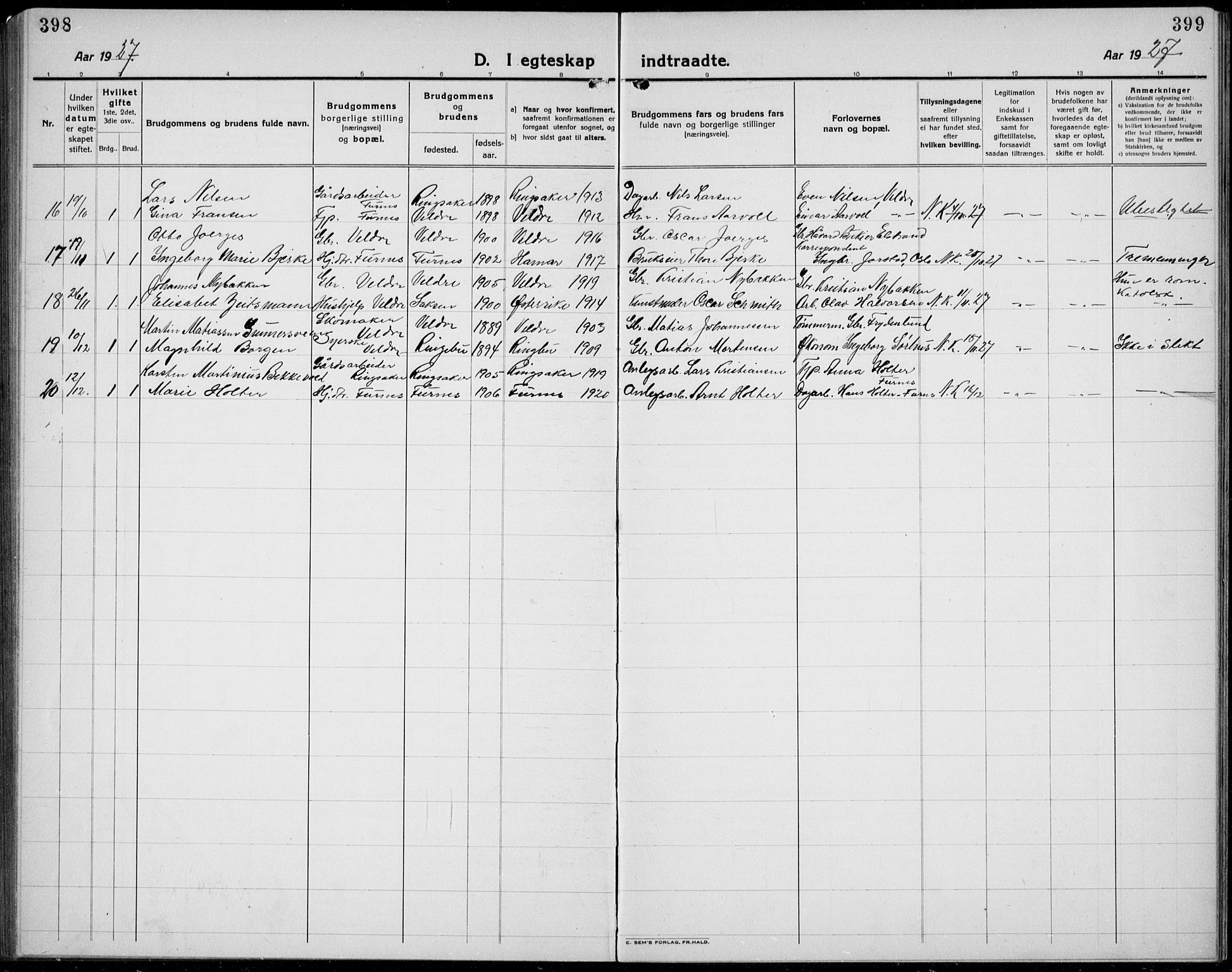 Veldre prestekontor, AV/SAH-PREST-018/L/La/L0001: Parish register (copy) no. 1, 1921-1934, p. 398-399