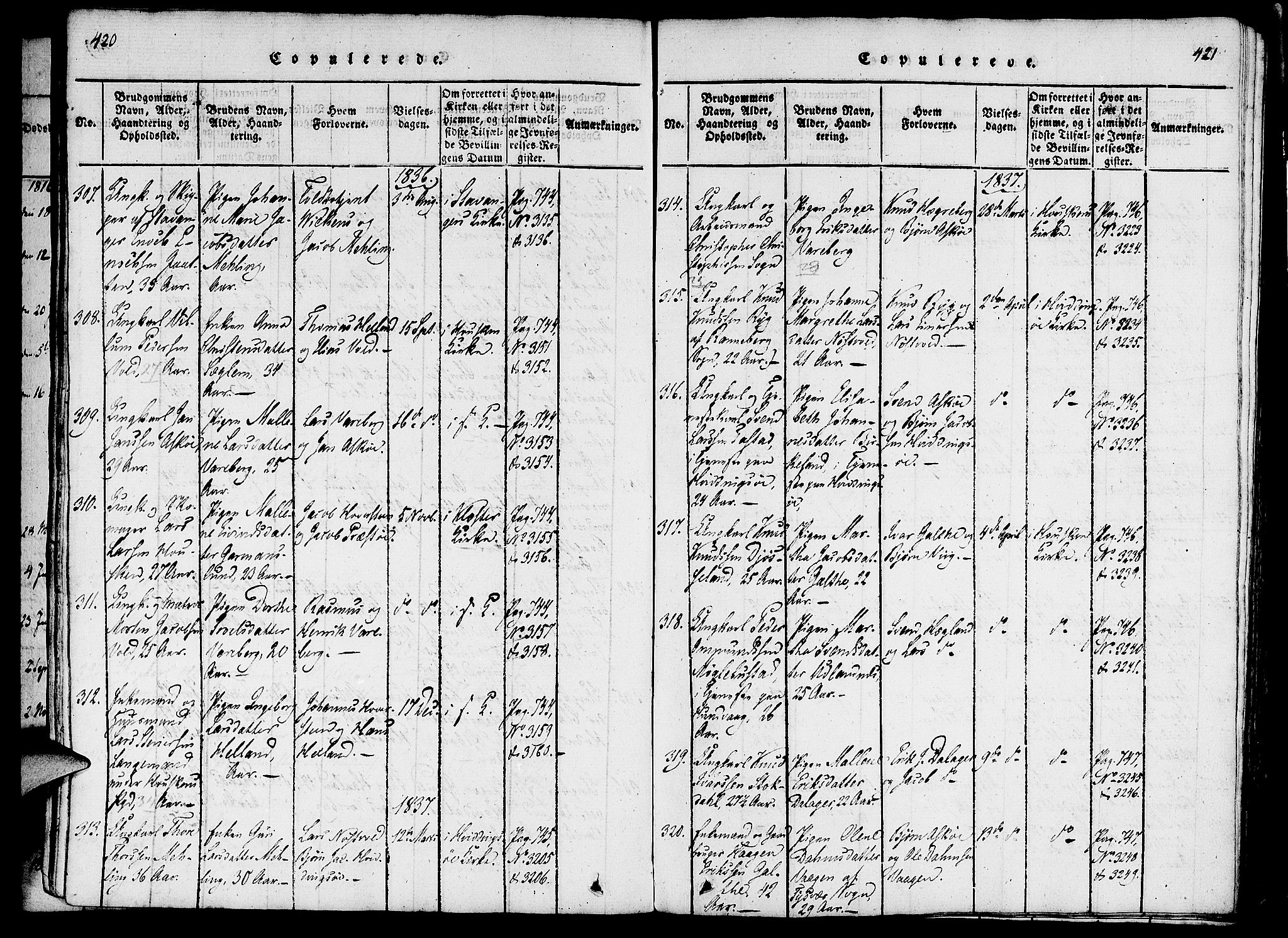 Rennesøy sokneprestkontor, AV/SAST-A -101827/H/Ha/Haa/L0004: Parish register (official) no. A 4, 1816-1837, p. 420-421