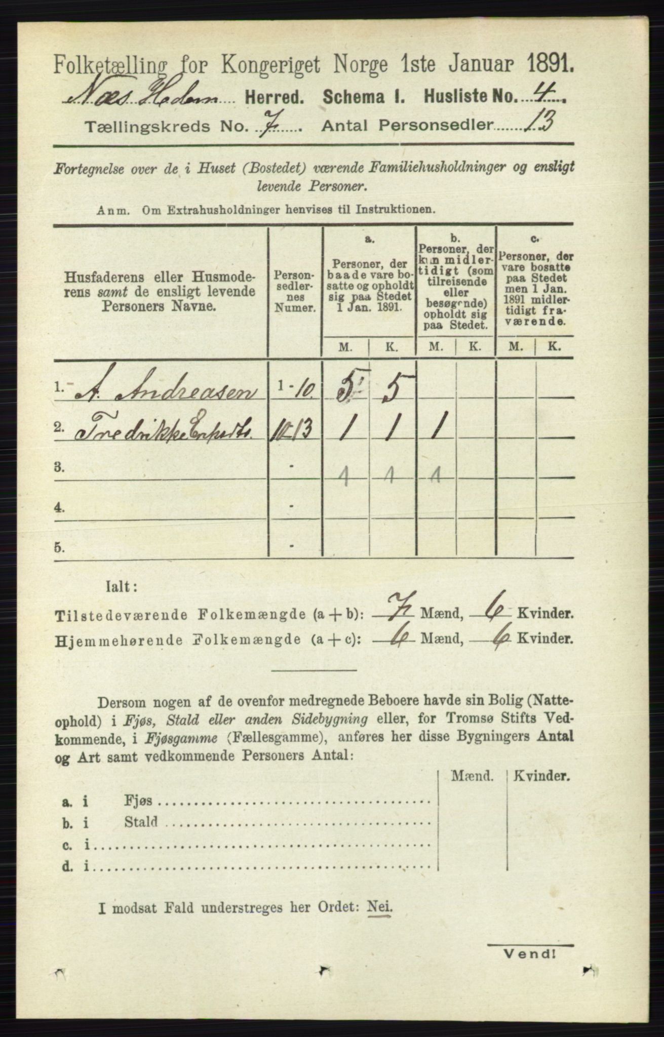 RA, 1891 census for 0411 Nes, 1891, p. 3832