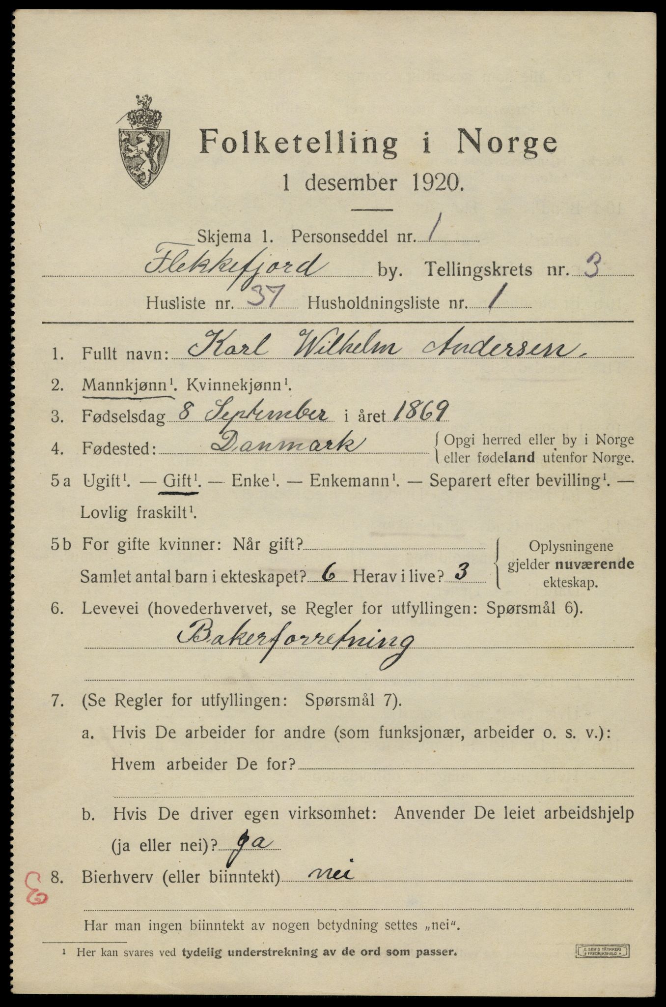 SAK, 1920 census for Flekkefjord, 1920, p. 3834