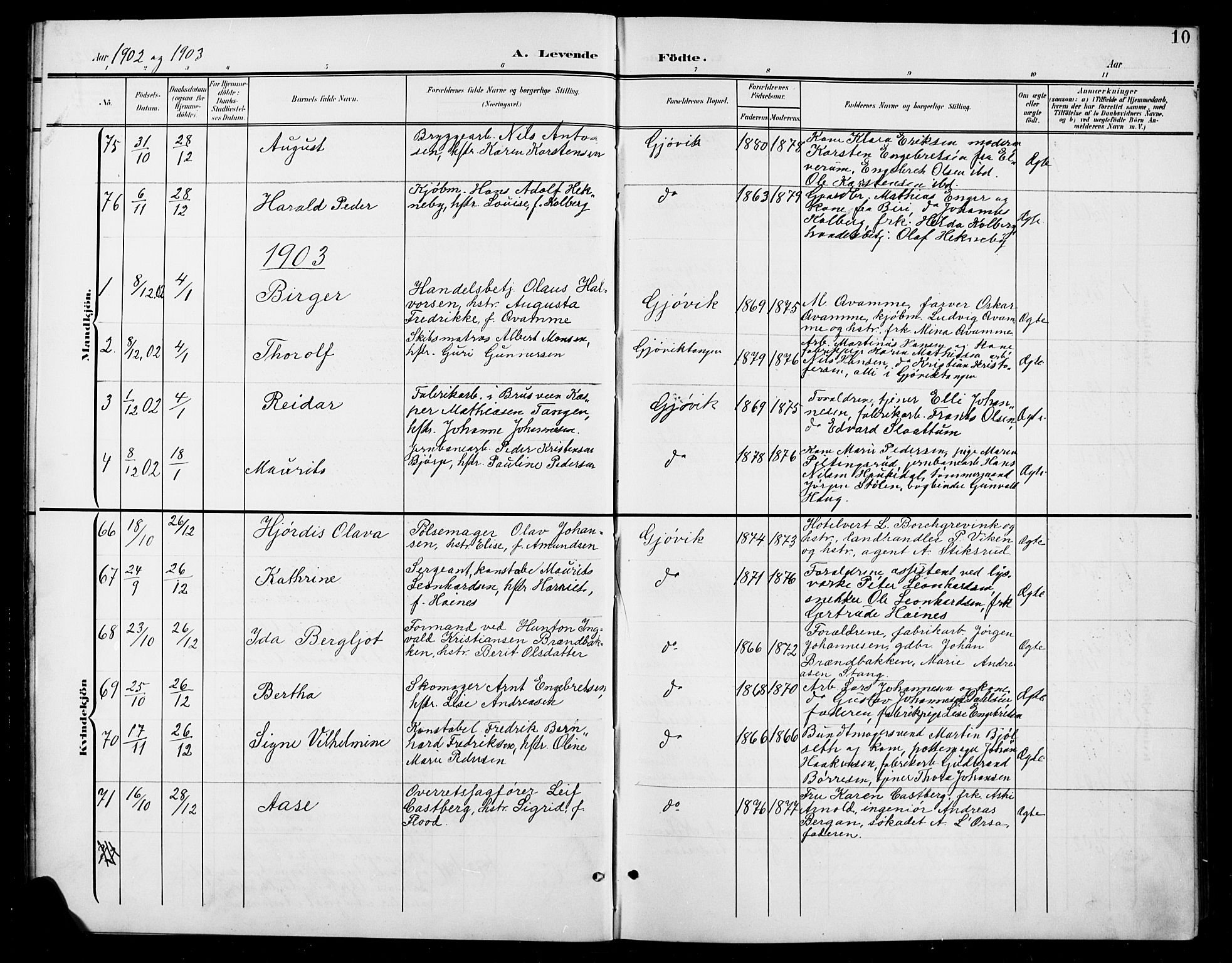 Vardal prestekontor, SAH/PREST-100/H/Ha/Hab/L0012: Parish register (copy) no. 12, 1902-1911, p. 10