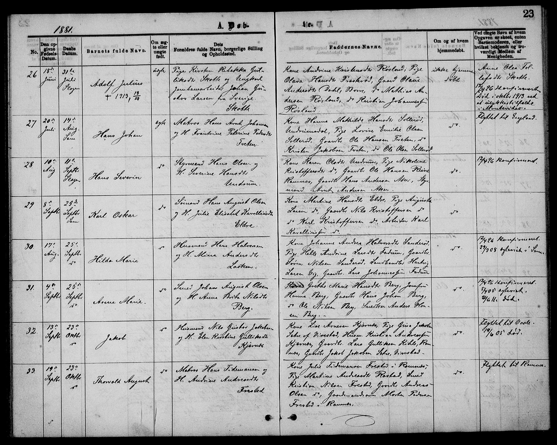 Sem kirkebøker, AV/SAKO-A-5/G/Ga/L0005: Parish register (copy) no. I 5, 1877-1889, p. 23