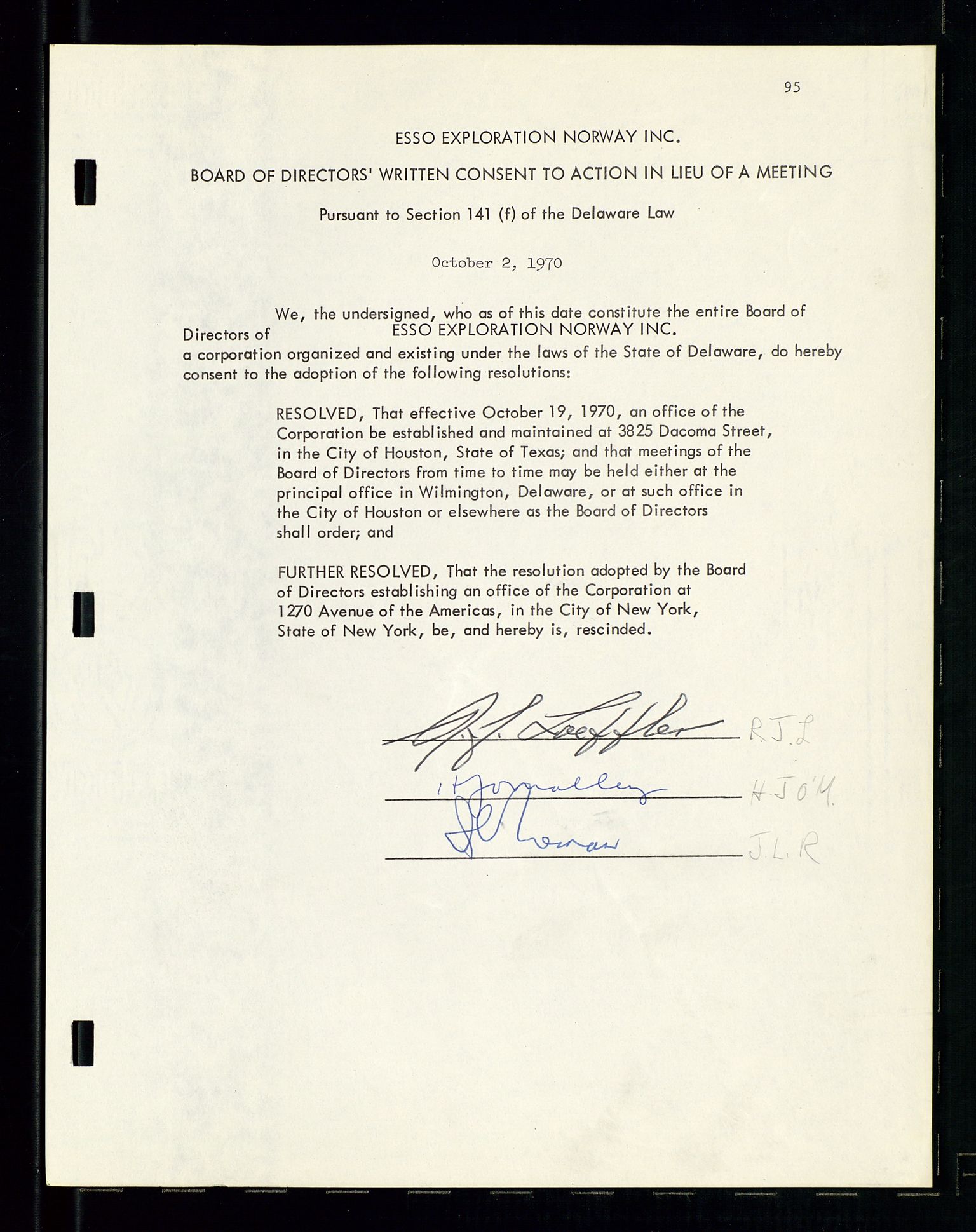 Pa 1512 - Esso Exploration and Production Norway Inc., SAST/A-101917/A/Aa/L0001/0001: Styredokumenter / Corporate records, By-Laws, Board meeting minutes, Incorporations, 1965-1975, p. 95