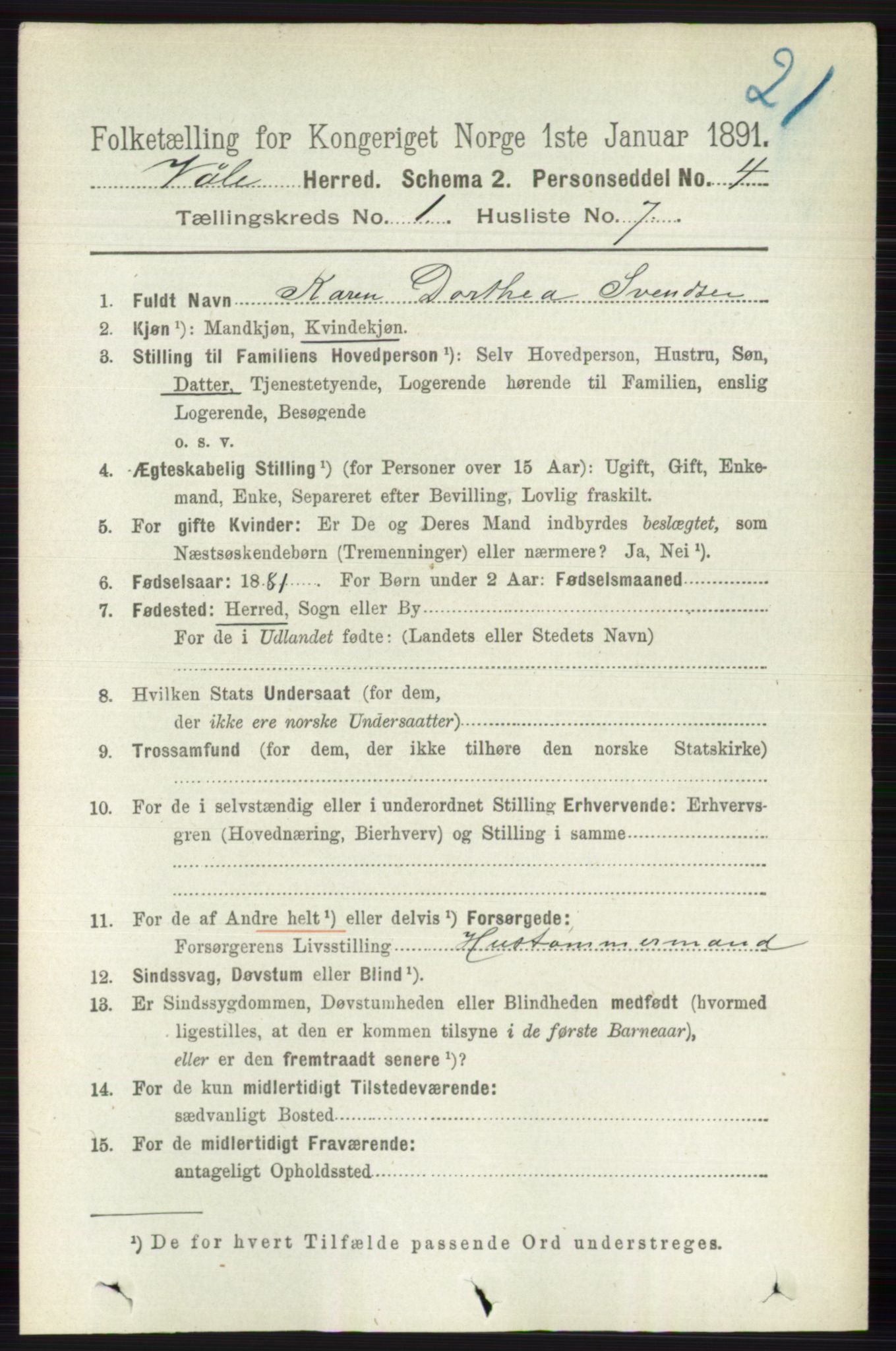 RA, 1891 census for 0716 Våle, 1891, p. 119