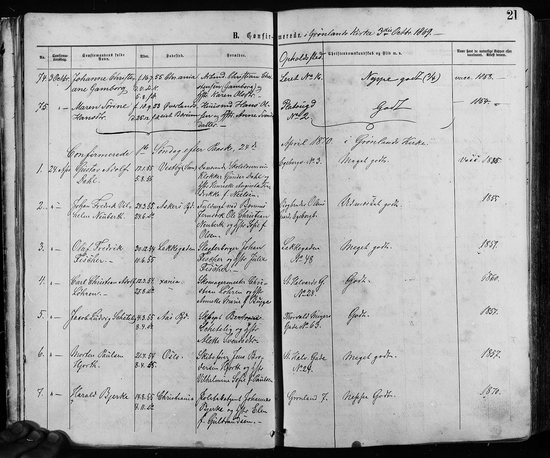 Grønland prestekontor Kirkebøker, AV/SAO-A-10848/F/Fa/L0005: Parish register (official) no. 5, 1869-1880, p. 21