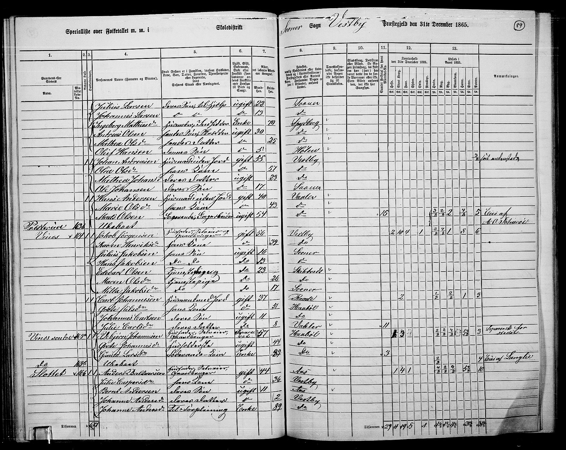 RA, 1865 census for Vestby, 1865, p. 83