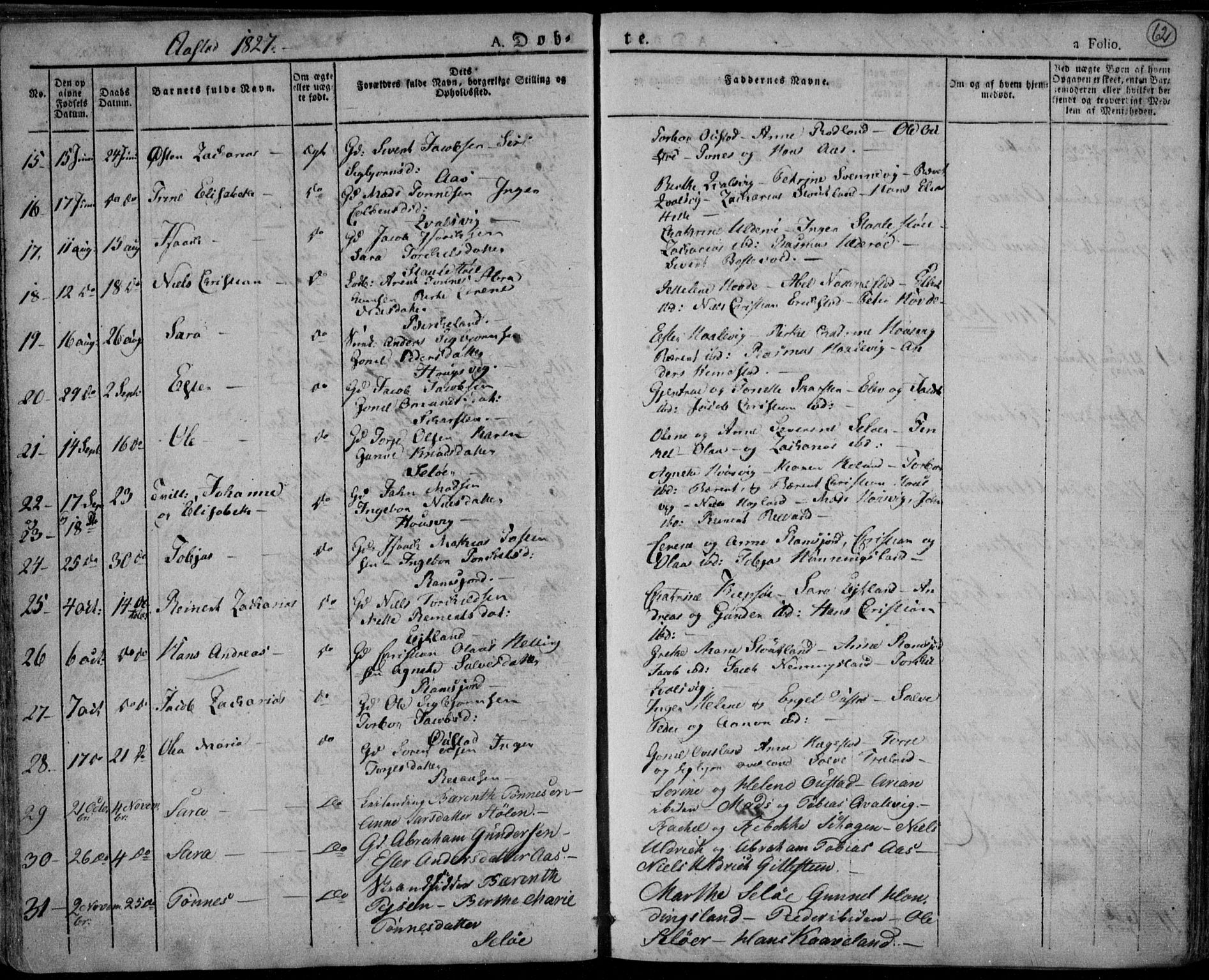 Lyngdal sokneprestkontor, AV/SAK-1111-0029/F/Fa/Fac/L0007: Parish register (official) no. A 7, 1825-1838, p. 62