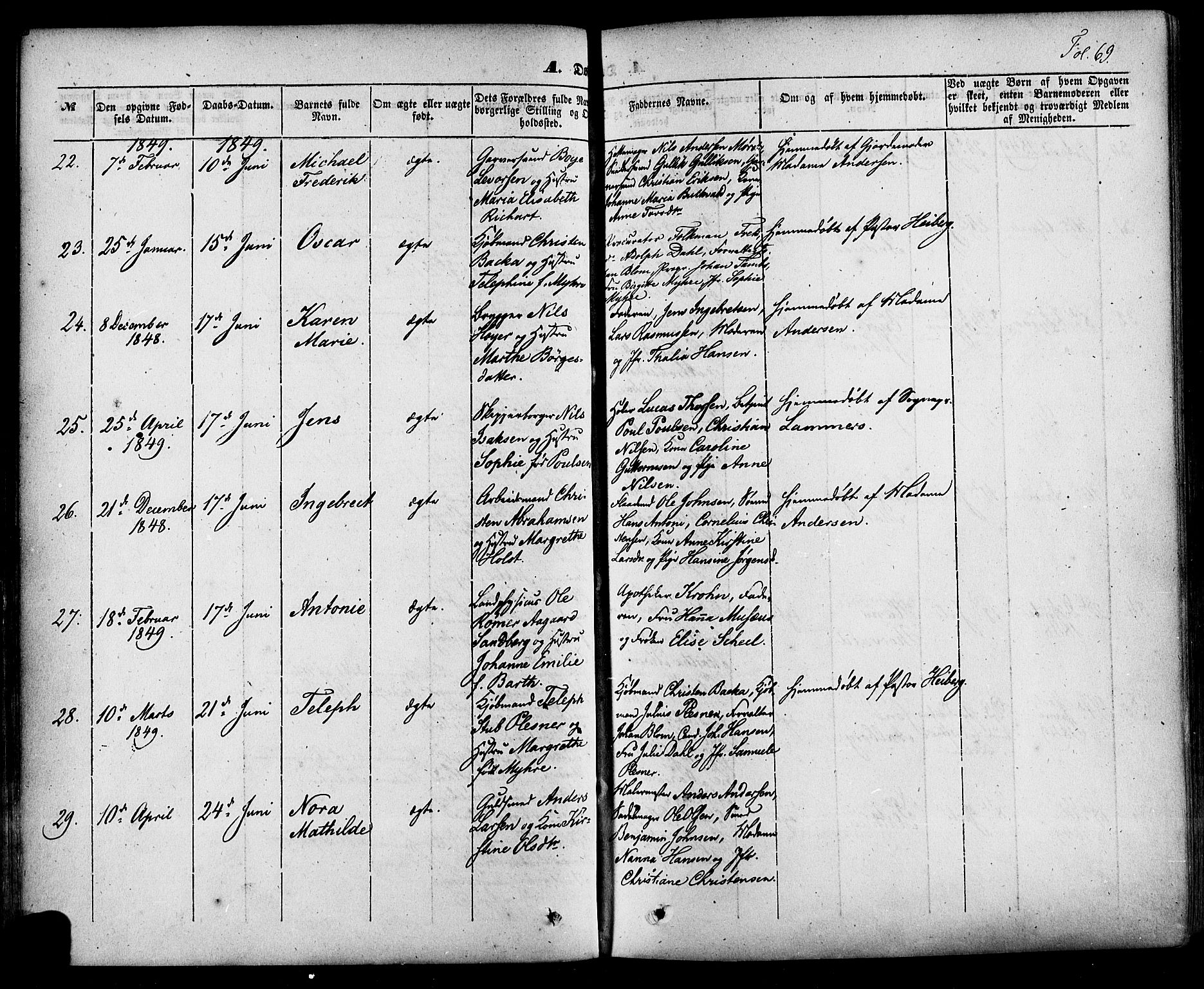 Skien kirkebøker, AV/SAKO-A-302/F/Fa/L0006a: Parish register (official) no. 6A, 1843-1856, p. 69