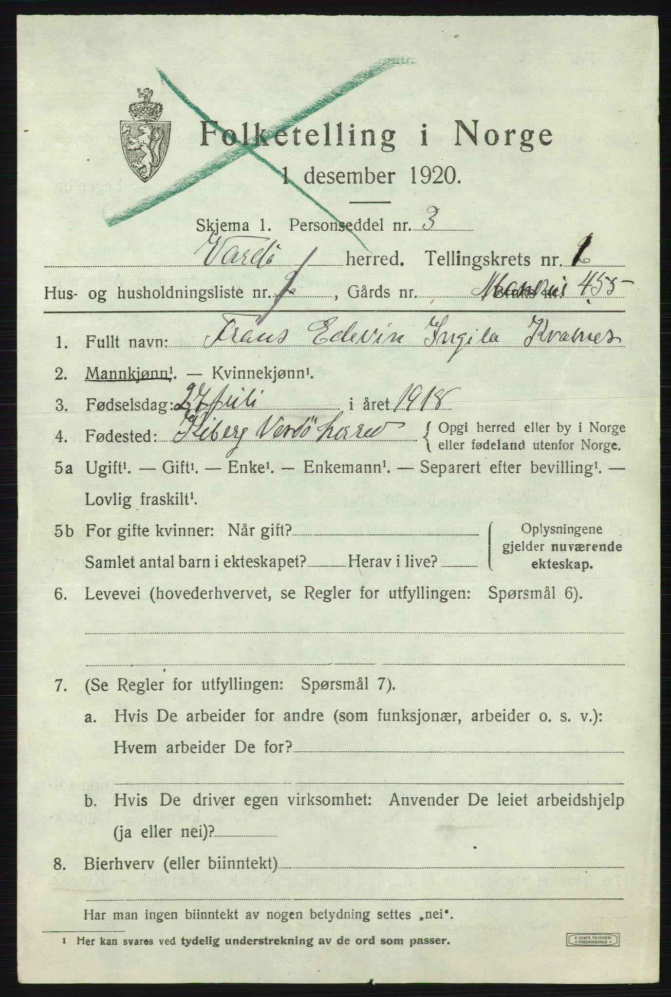 SATØ, 1920 census for Vardø rural district, 1920, p. 572