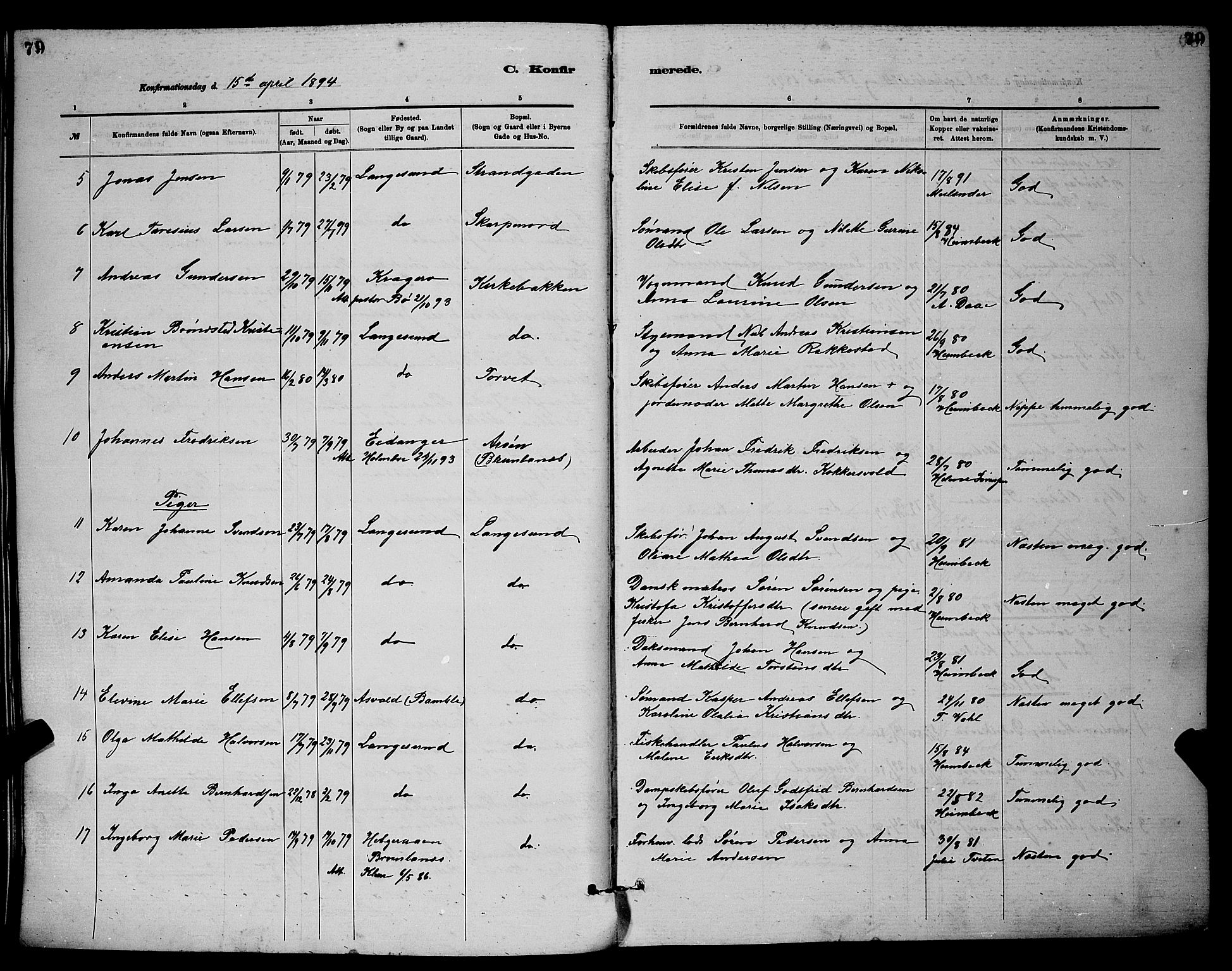 Langesund kirkebøker, SAKO/A-280/G/Ga/L0005: Parish register (copy) no. 5, 1884-1898, p. 79