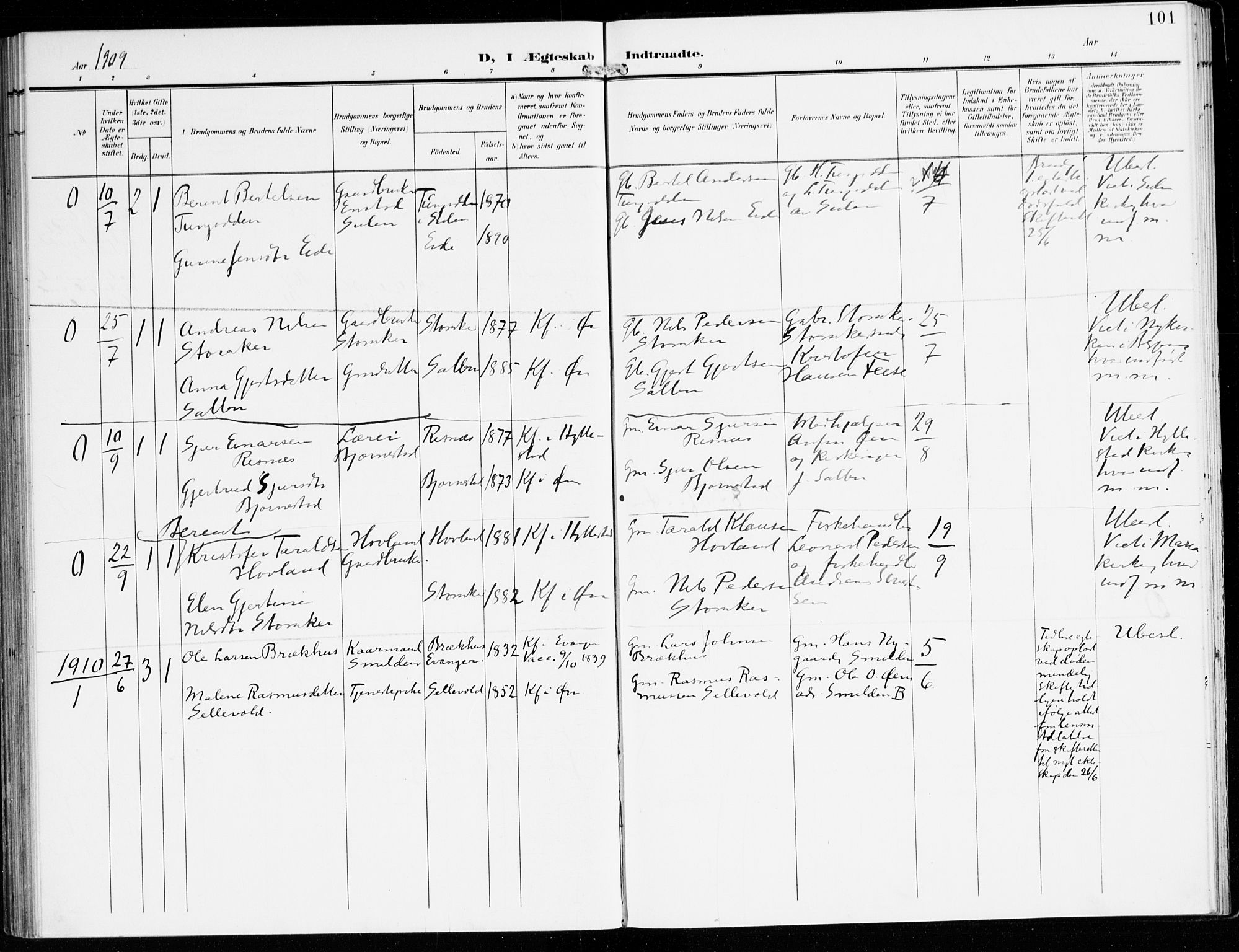 Hyllestad sokneprestembete, SAB/A-80401: Parish register (official) no. D 2, 1905-1919, p. 101