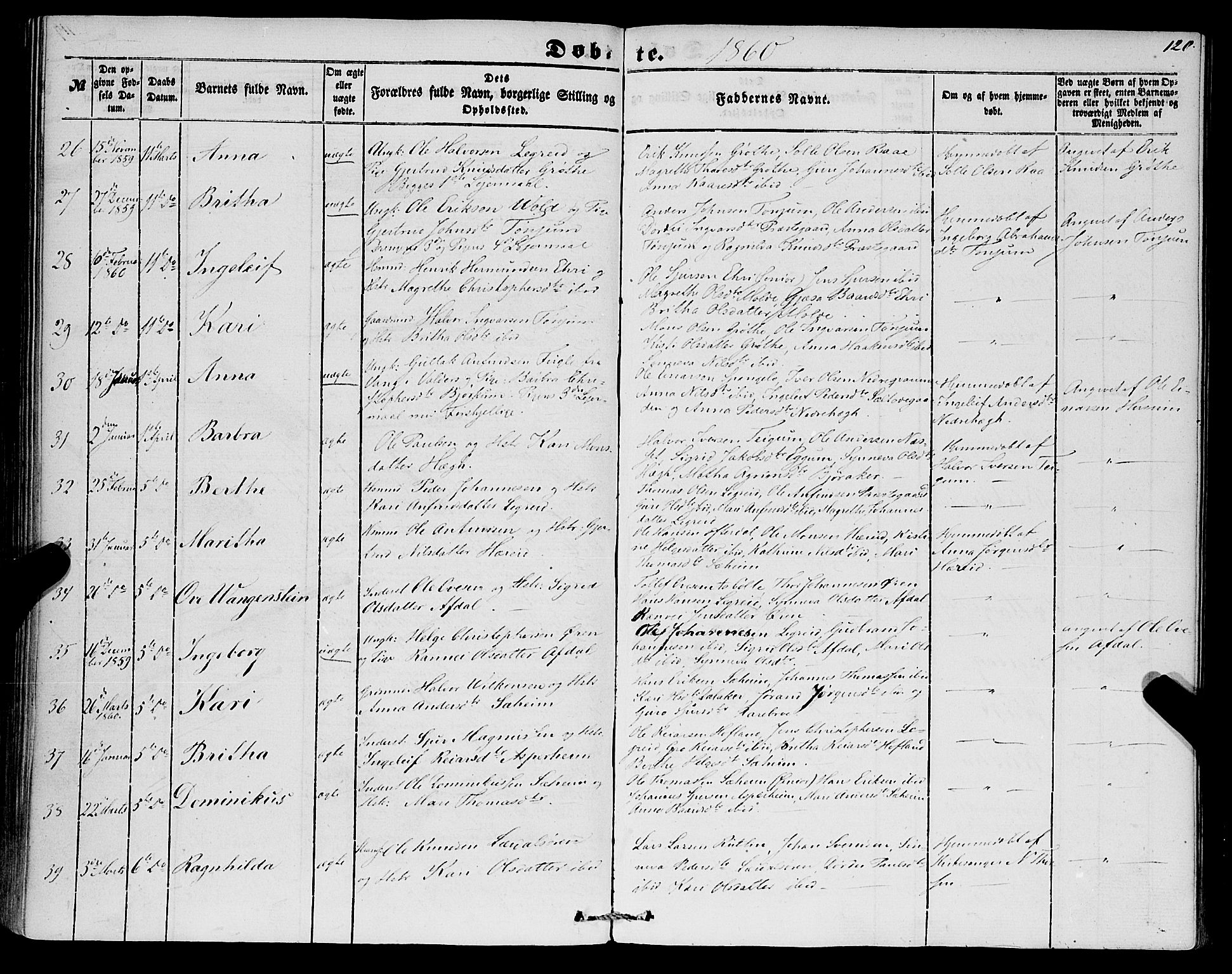 Lærdal sokneprestembete, AV/SAB-A-81201: Parish register (official) no. A 11, 1850-1866, p. 120