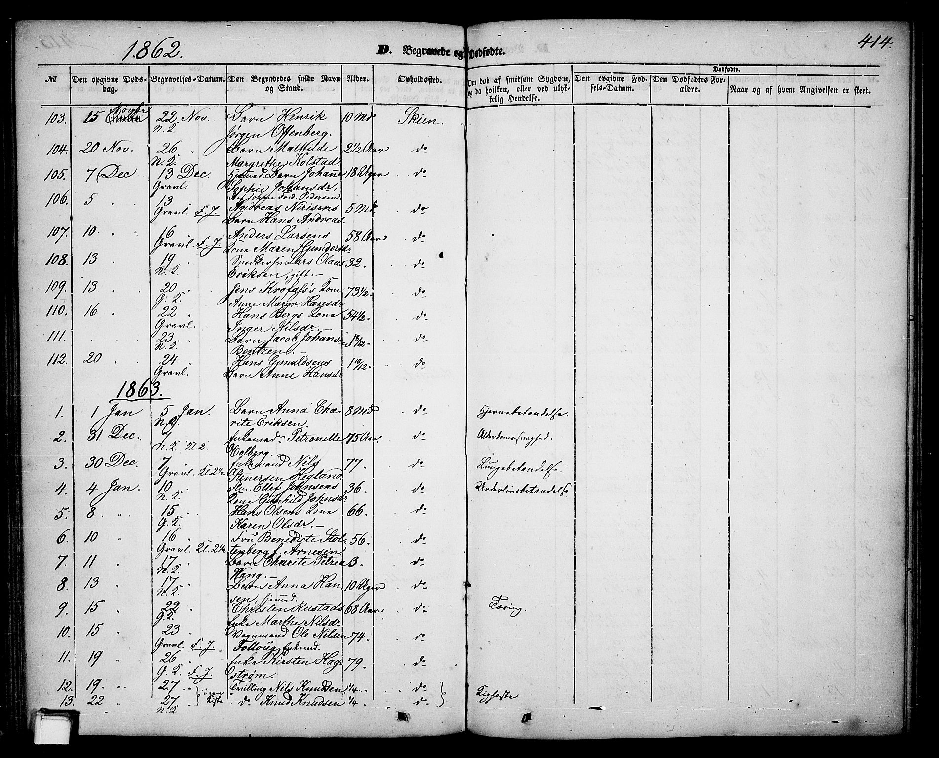 Skien kirkebøker, SAKO/A-302/G/Ga/L0004: Parish register (copy) no. 4, 1843-1867, p. 414