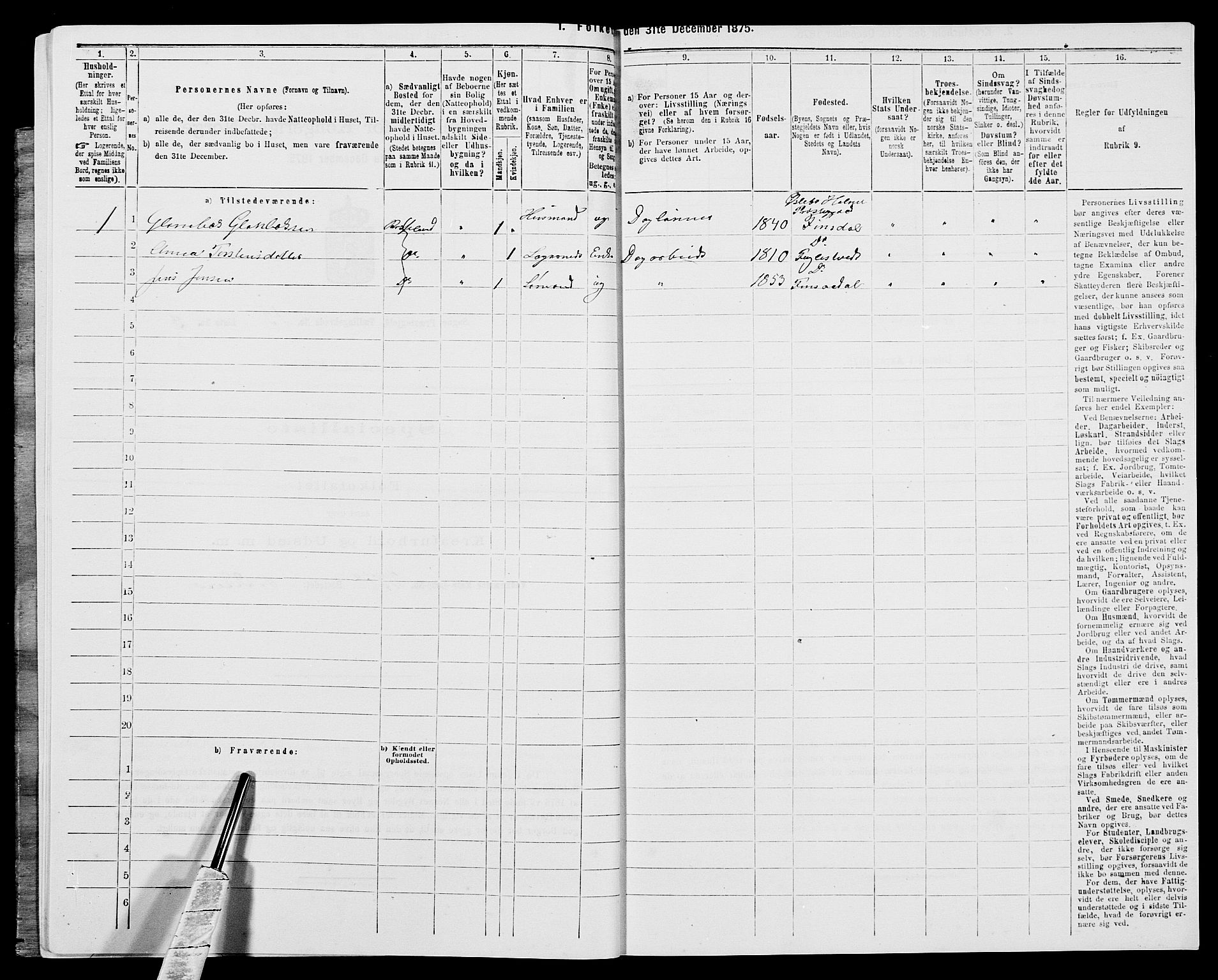 SAK, 1875 census for 1018P Søgne, 1875, p. 1120