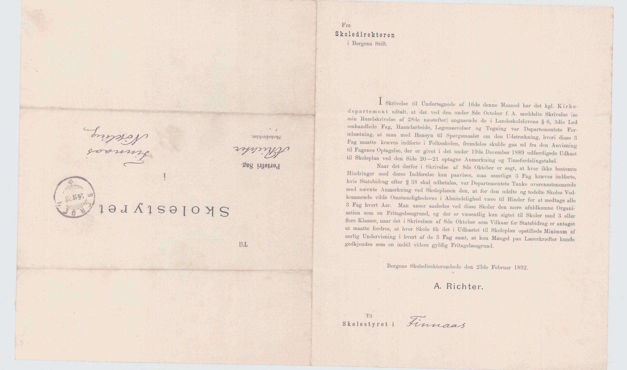 Finnaas kommune. Skulestyret, IKAH/1218a-211/D/Da/L0001/0002: Kronologisk ordna korrespondanse / Kronologisk ordna korrespondanse , 1890-1892, p. 143