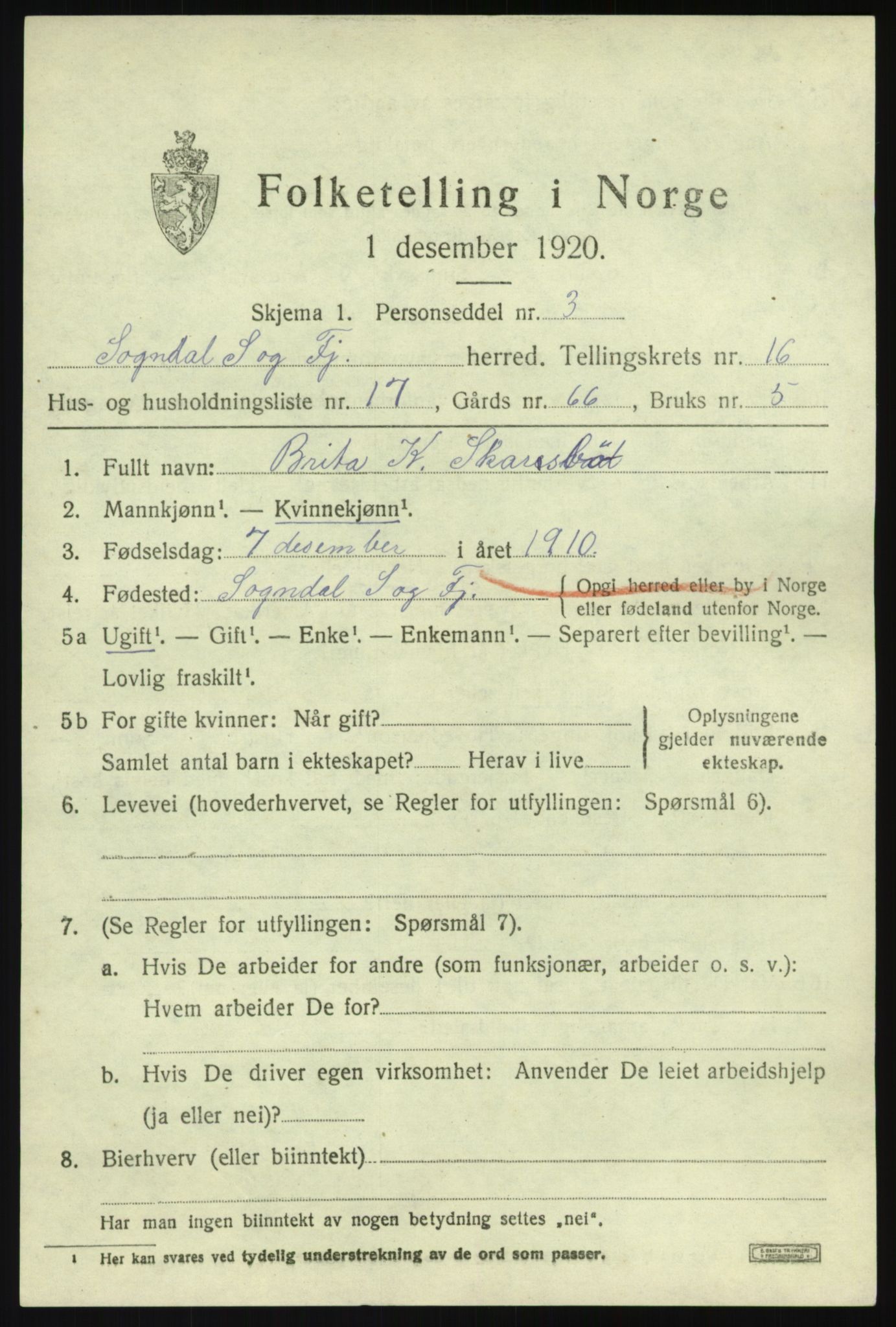 SAB, 1920 census for Sogndal, 1920, p. 6271