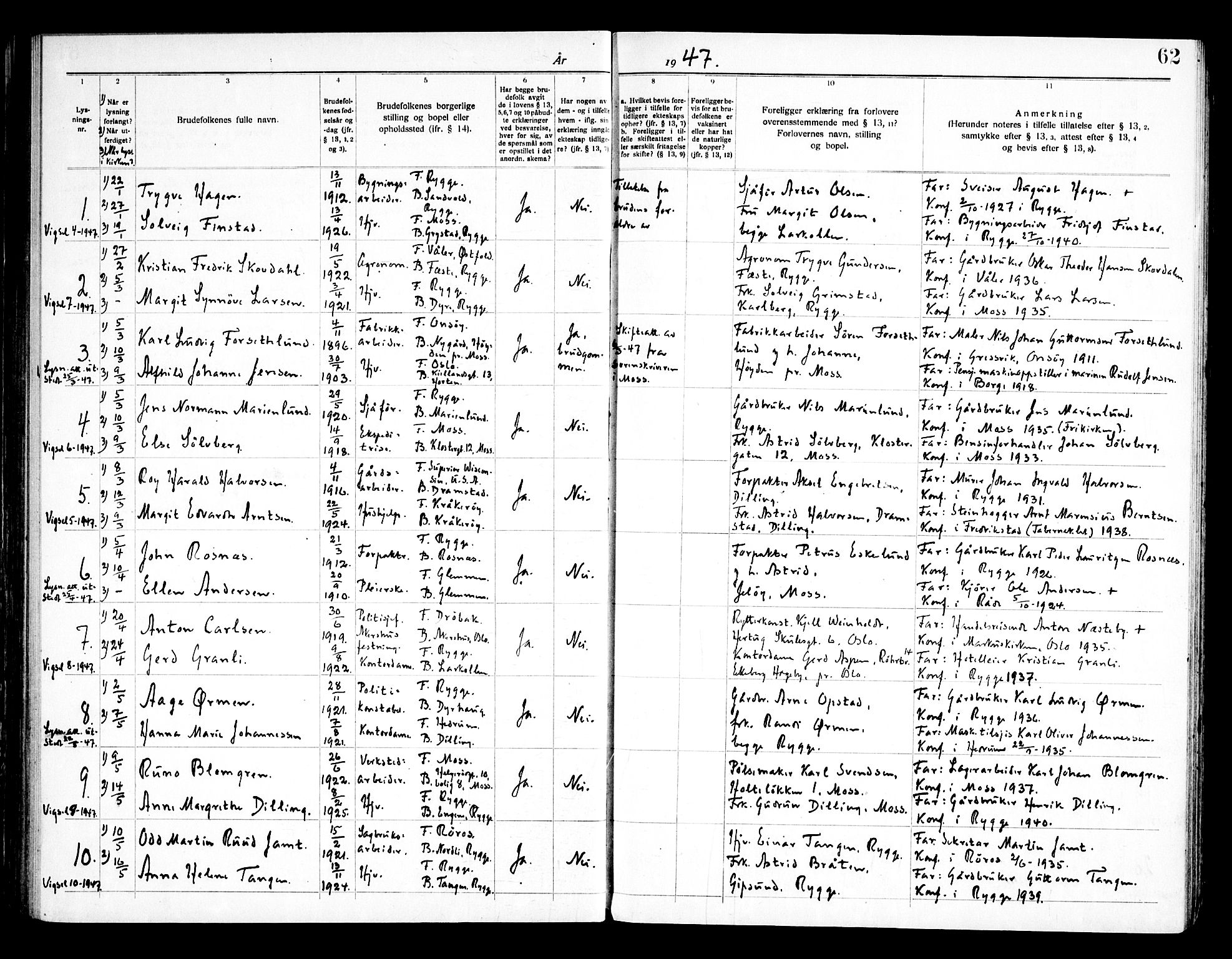 Rygge prestekontor Kirkebøker, SAO/A-10084b/H/Ha/L0002: Banns register no. 2, 1919-1961, p. 62