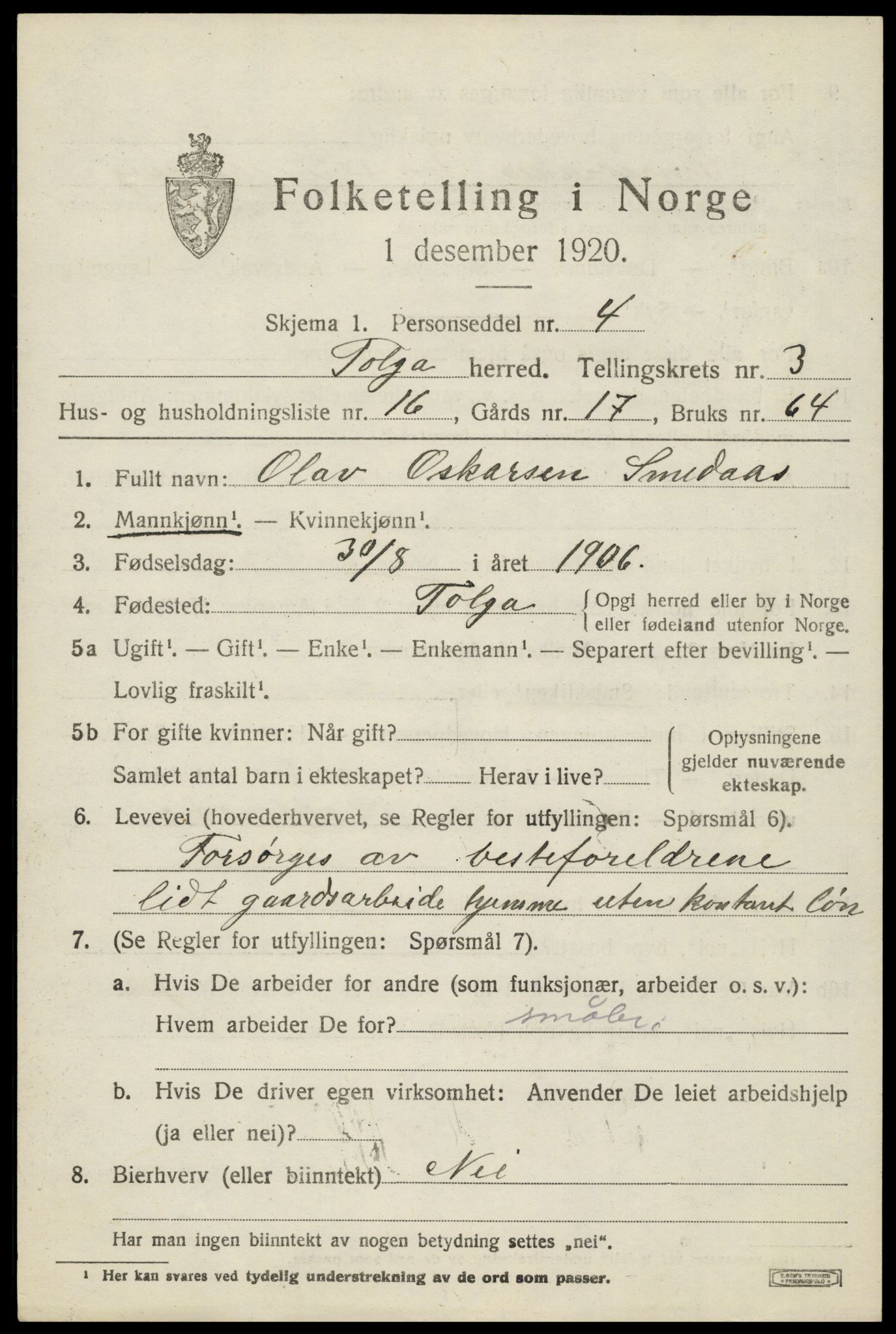 SAH, 1920 census for Tolga, 1920, p. 2381