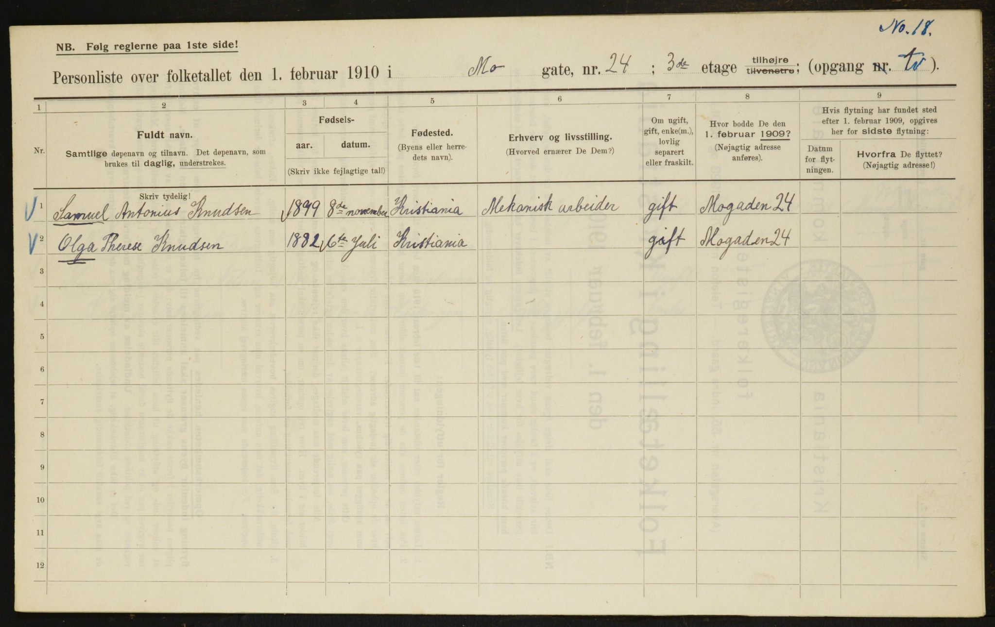 OBA, Municipal Census 1910 for Kristiania, 1910, p. 63464