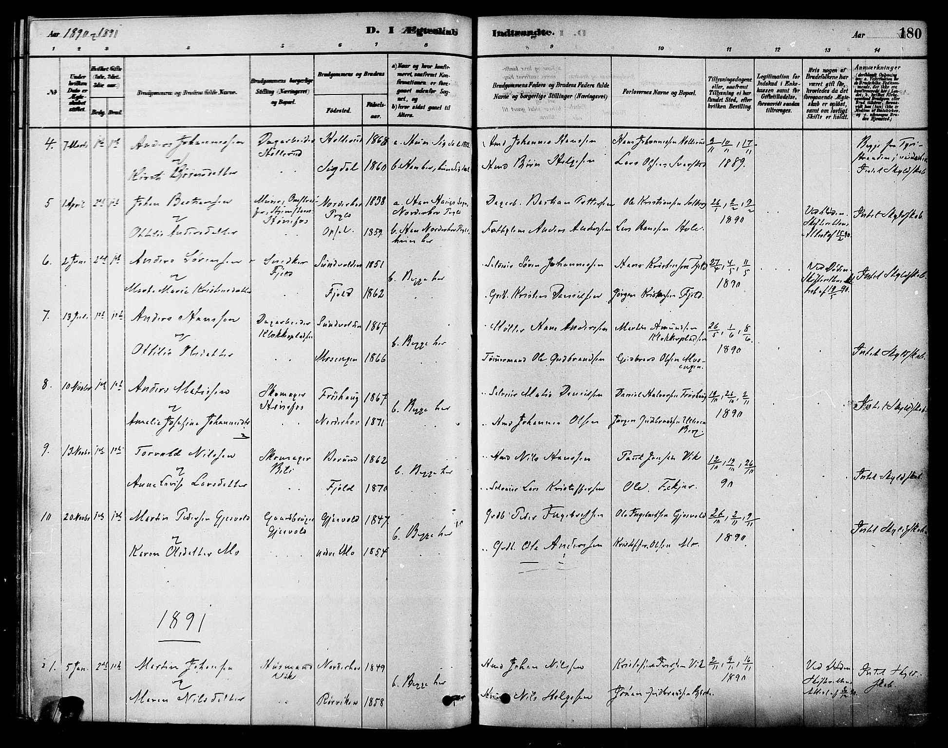 Hole kirkebøker, SAKO/A-228/F/Fa/L0008: Parish register (official) no. I 8, 1878-1891, p. 180