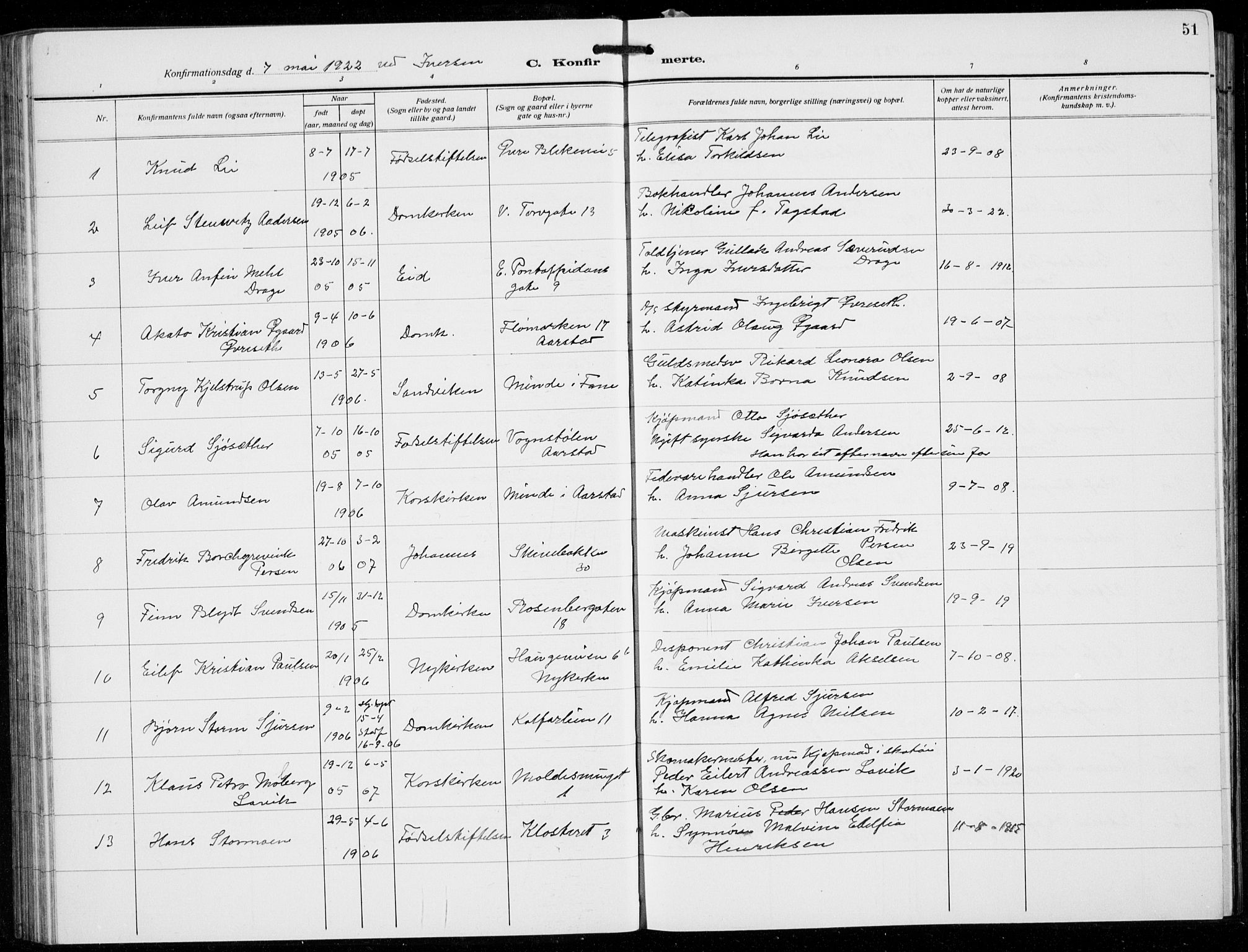 Domkirken sokneprestembete, SAB/A-74801/H/Hab/L0026: Parish register (copy) no. C 6, 1916-1933, p. 51